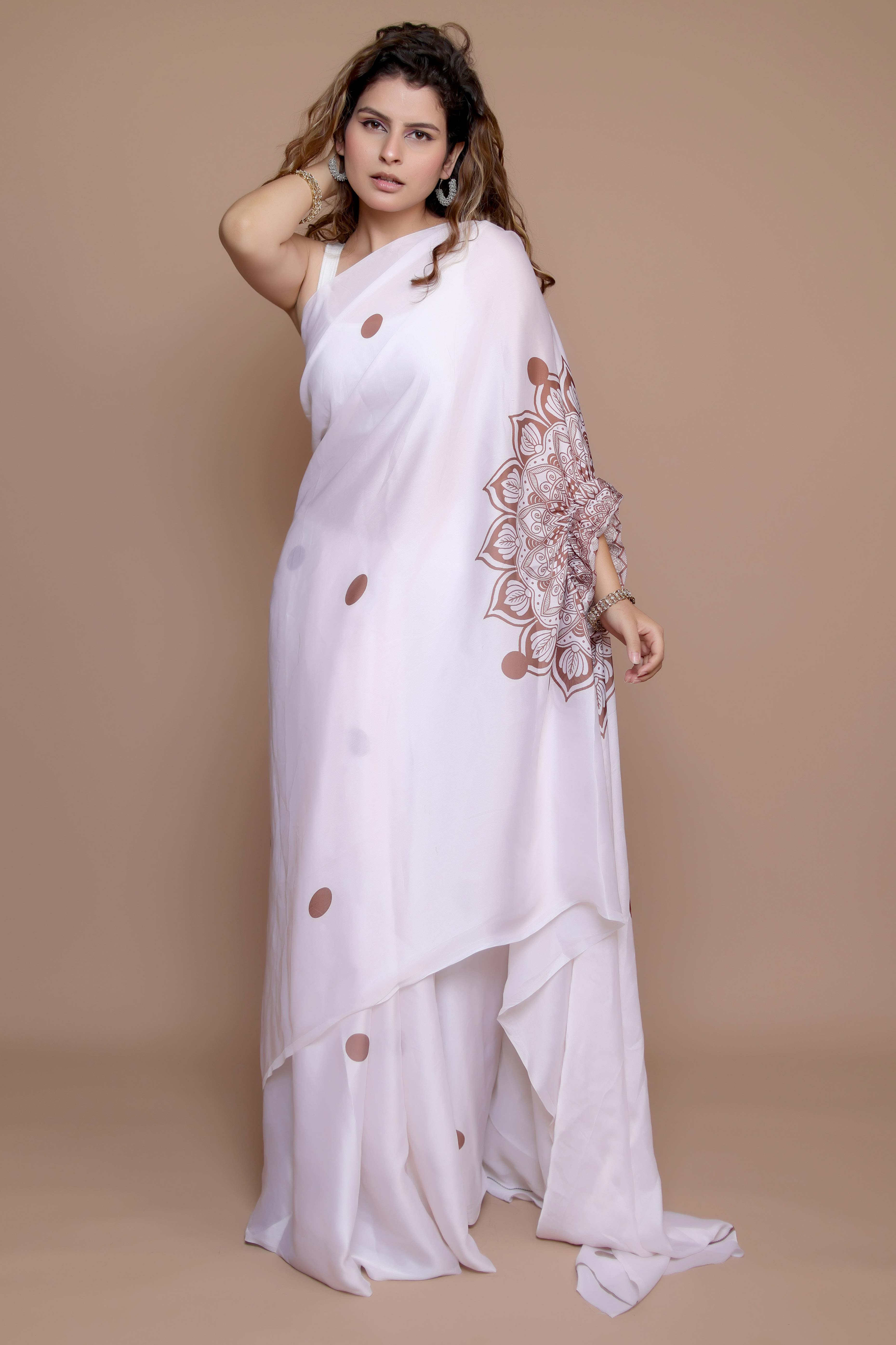 Cream Designer Freehand Saree In Satin Georgette With Striking Digital Print