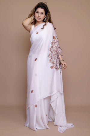 Cream Designer Freehand Saree In Satin Georgette With Striking Digital Print