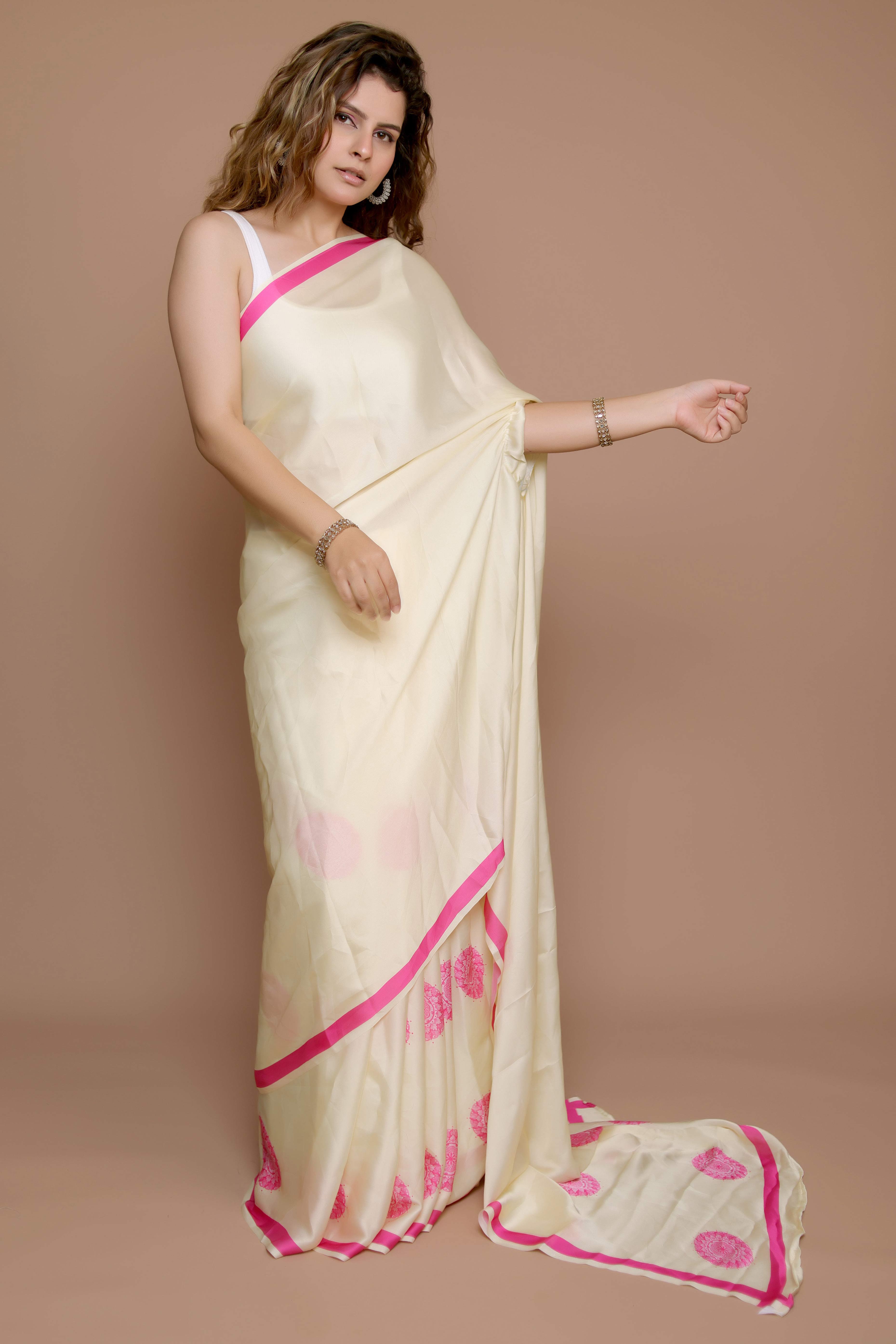 Light Yellow Designer Freehand Saree In Satin Georgette With Striking Digital Print