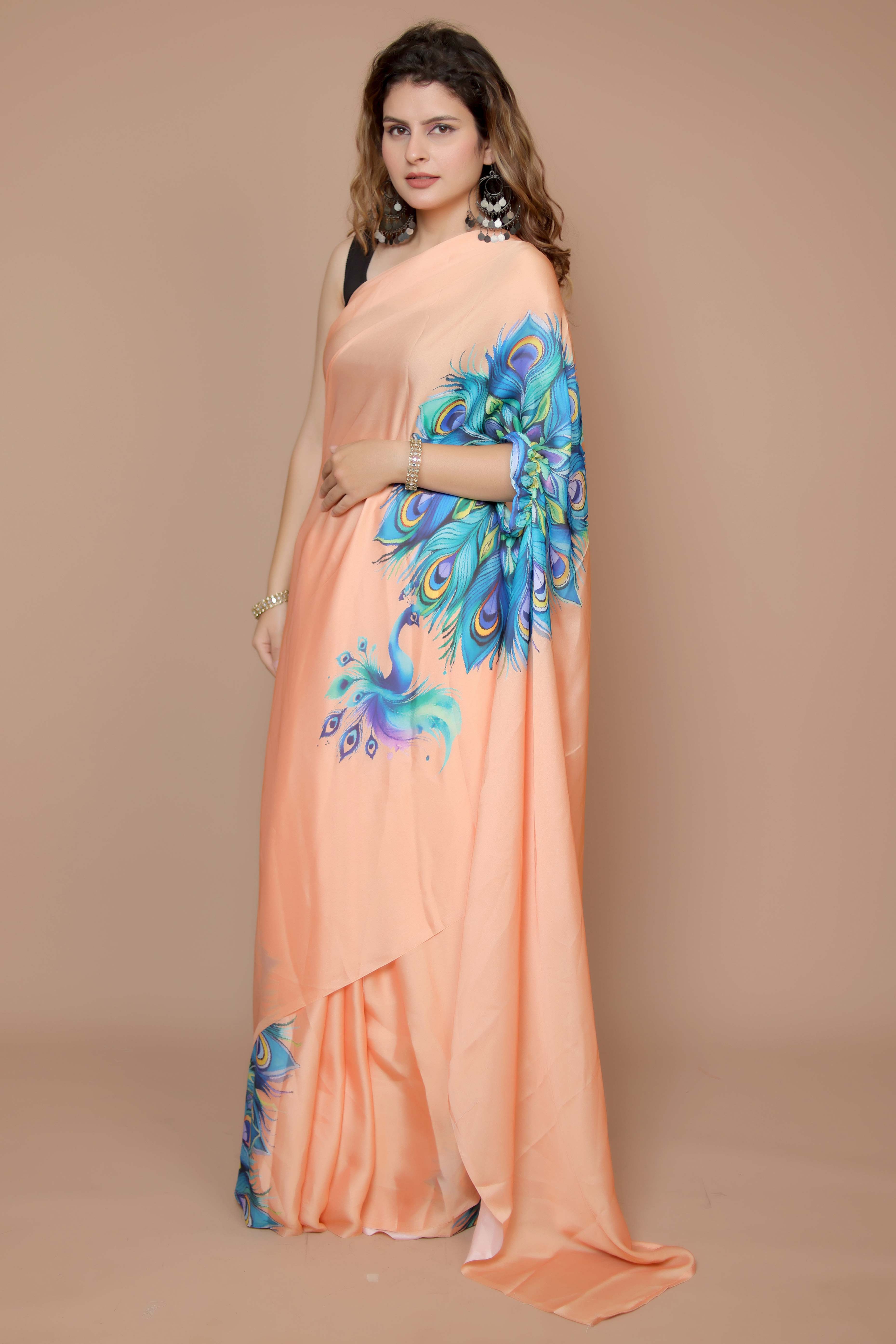 Light Orange Designer Freehand Saree In Satin Georgette With Striking Digital Print