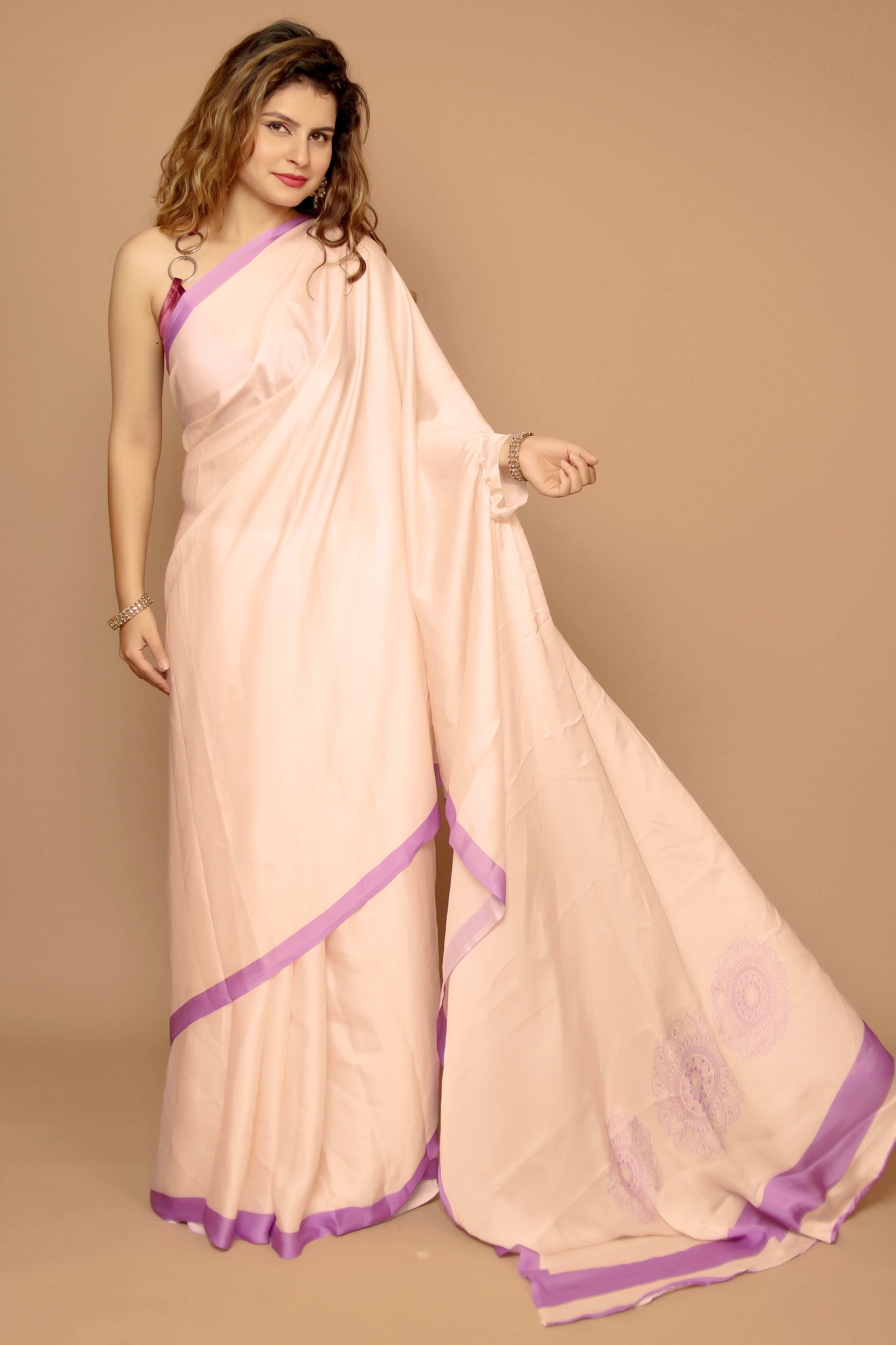 Peach Designer Freehand Saree In Satin Georgette With Striking Digital Print