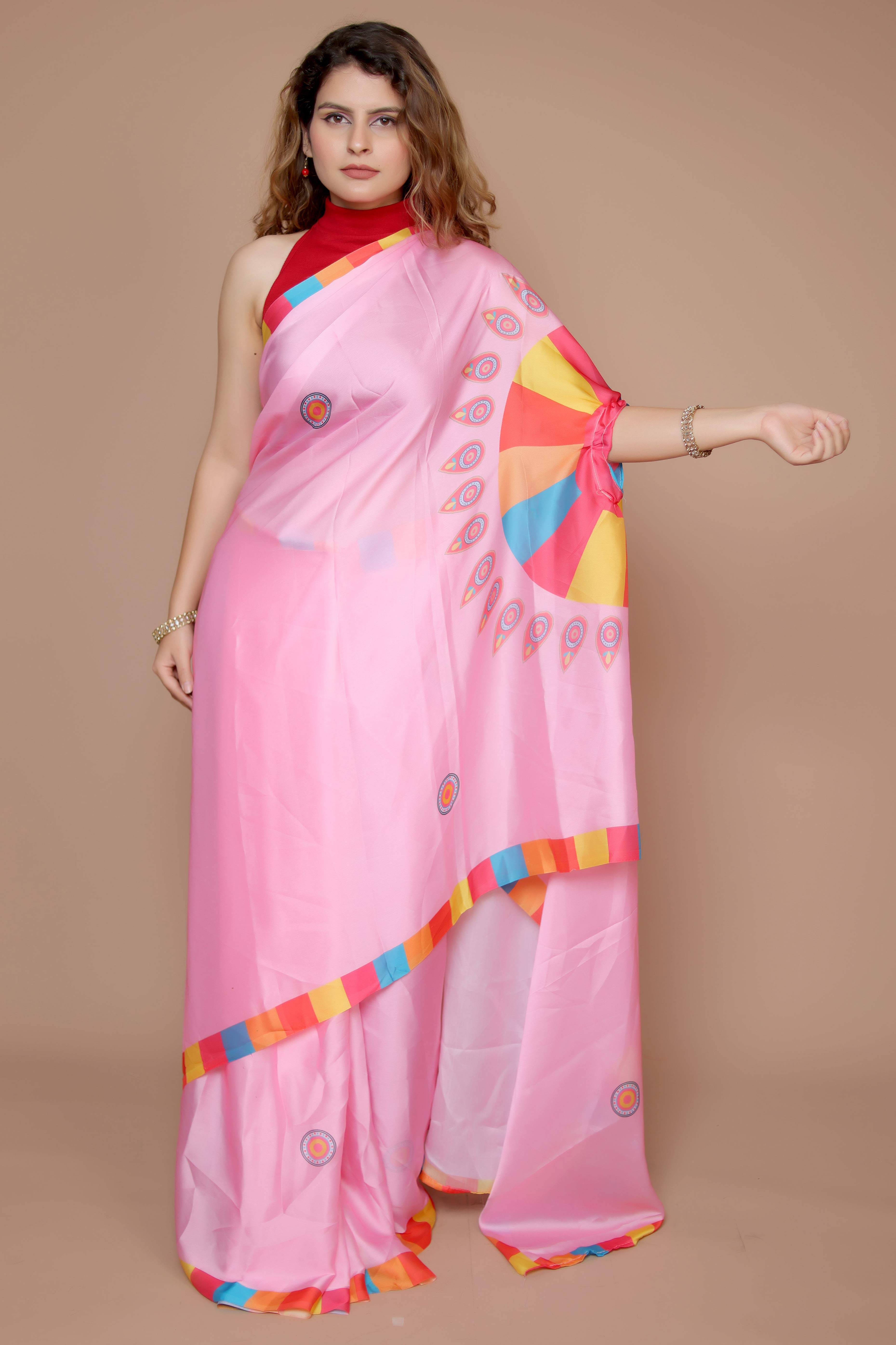 Pink Designer Freehand Saree In Satin Georgette With Striking Digital Print