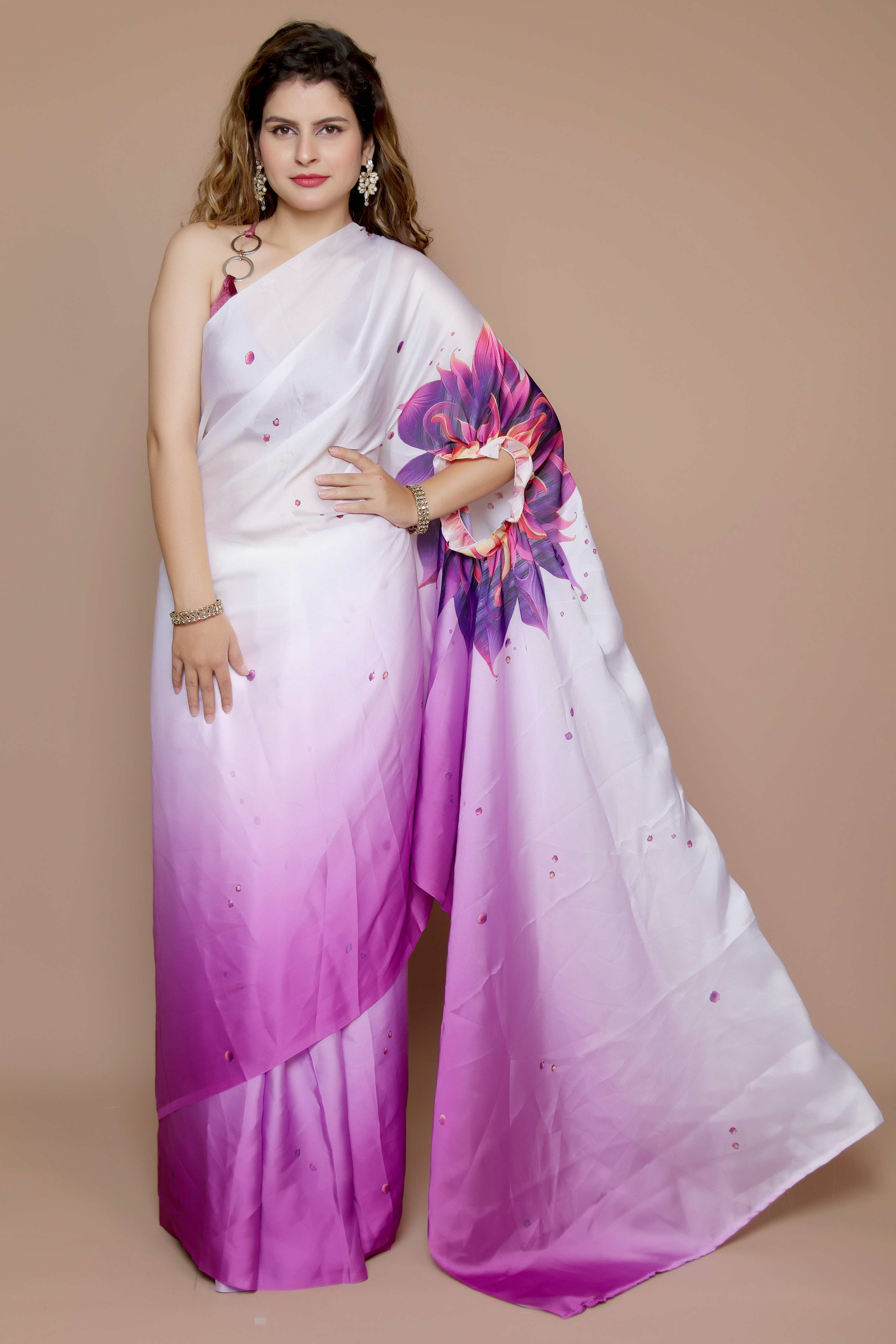Purple & White Designer Freehand Ombre Saree In Satin Georgette With Striking Digital Print