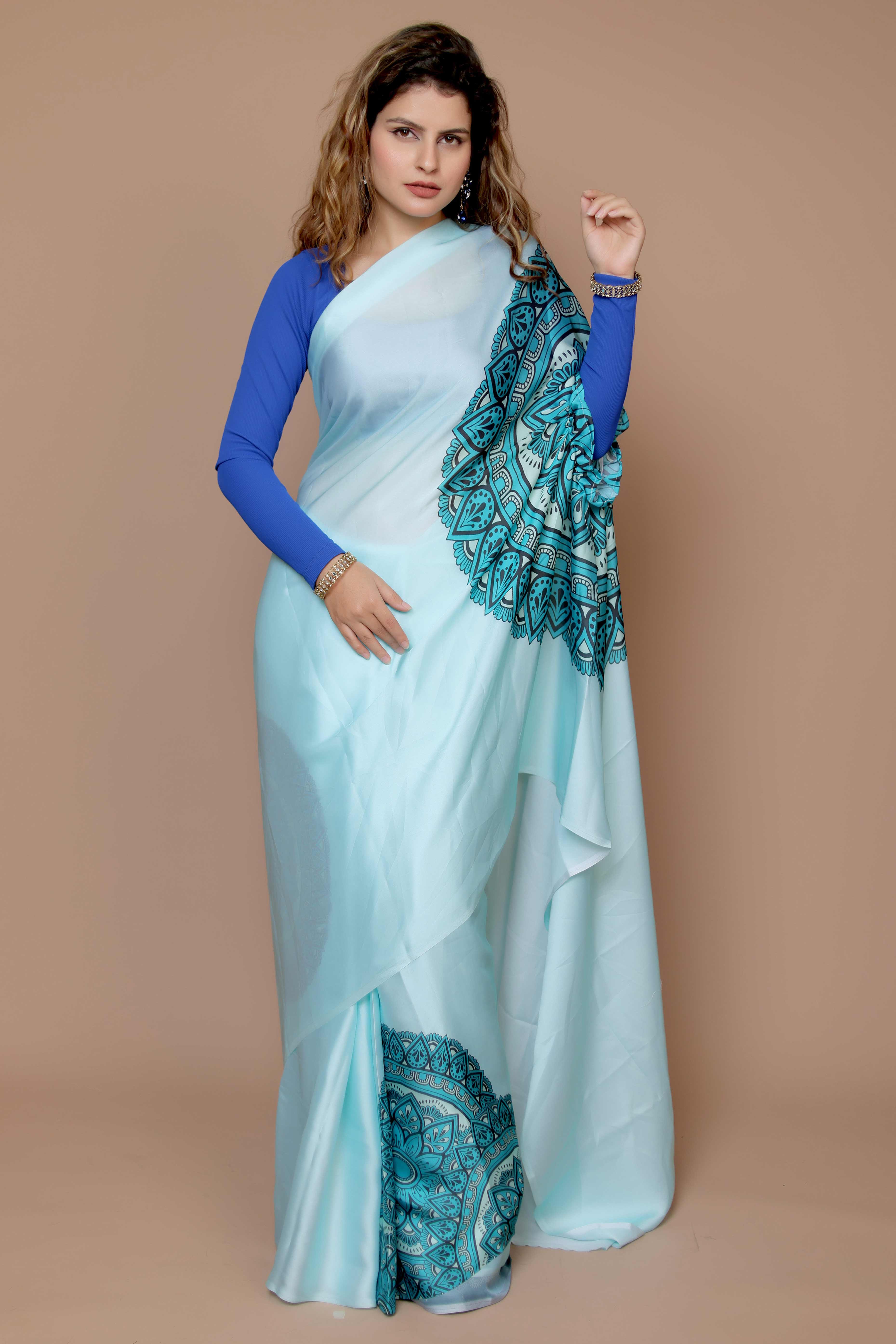 Turquoise Designer Freehand Saree In Satin Georgette With Striking Digital Print