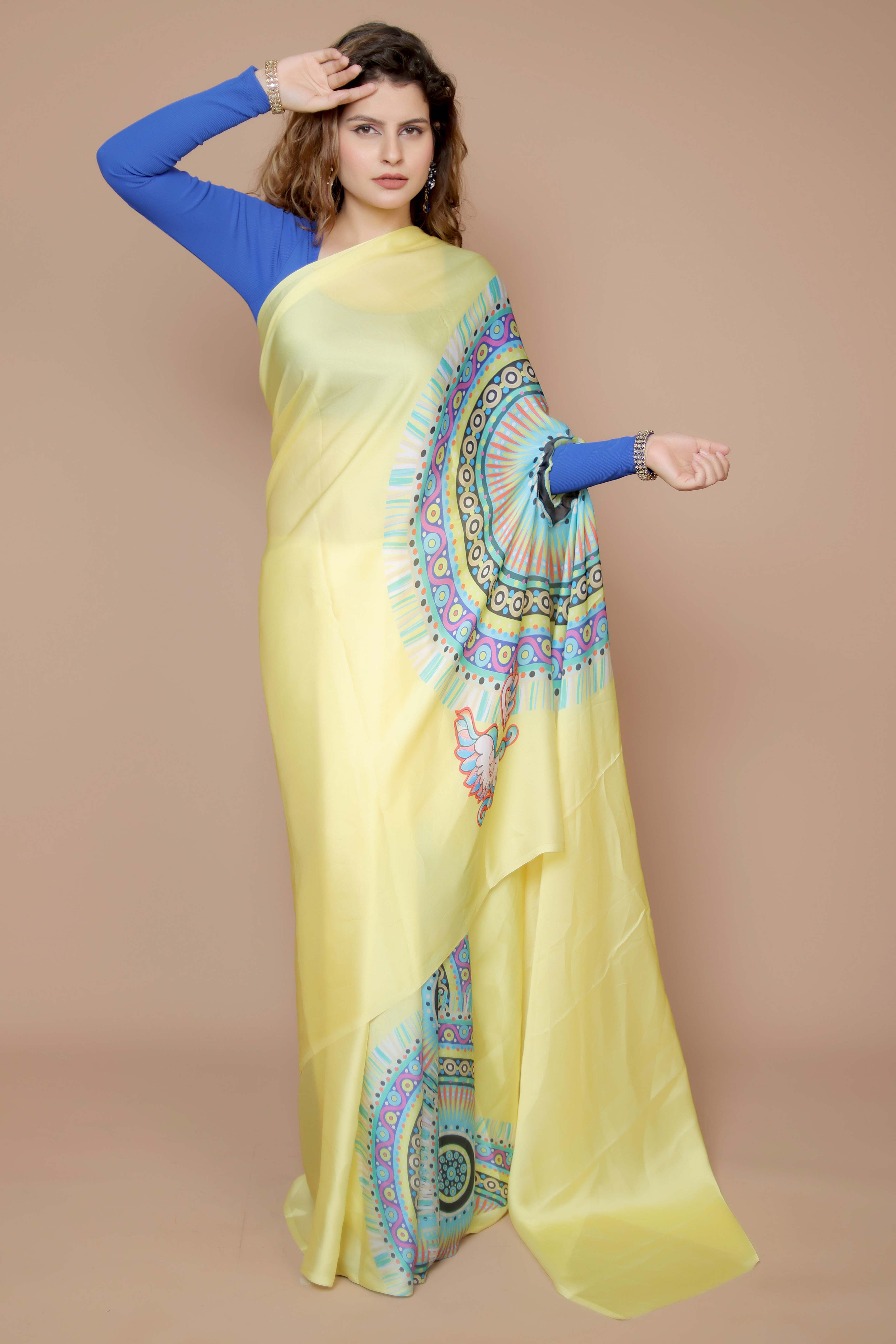 Yellow Designer Freehand Saree In Satin Georgette With Striking Digital Print