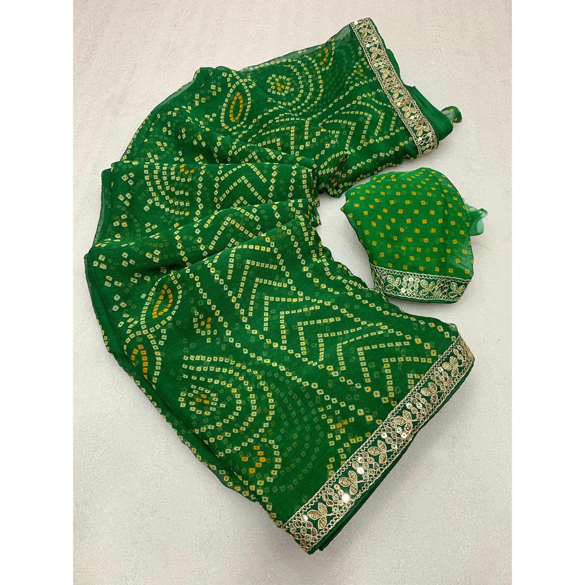 Green Bandhani Printed Chiffon Saree