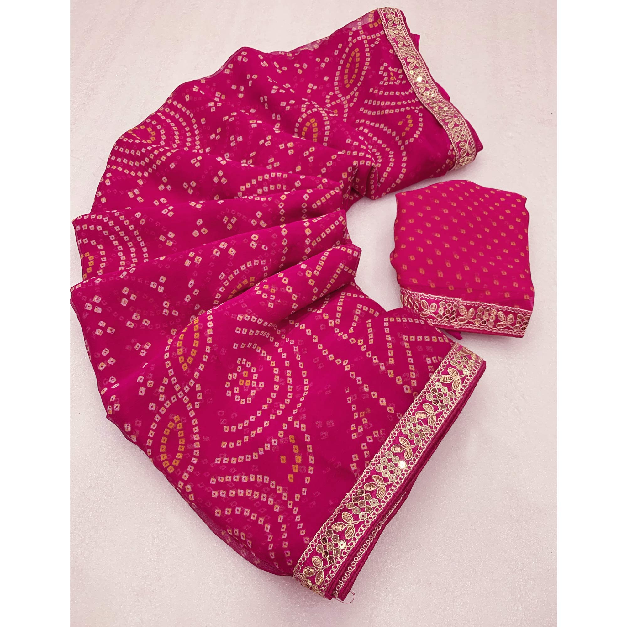 Pink Bandhani Printed Chiffon Saree