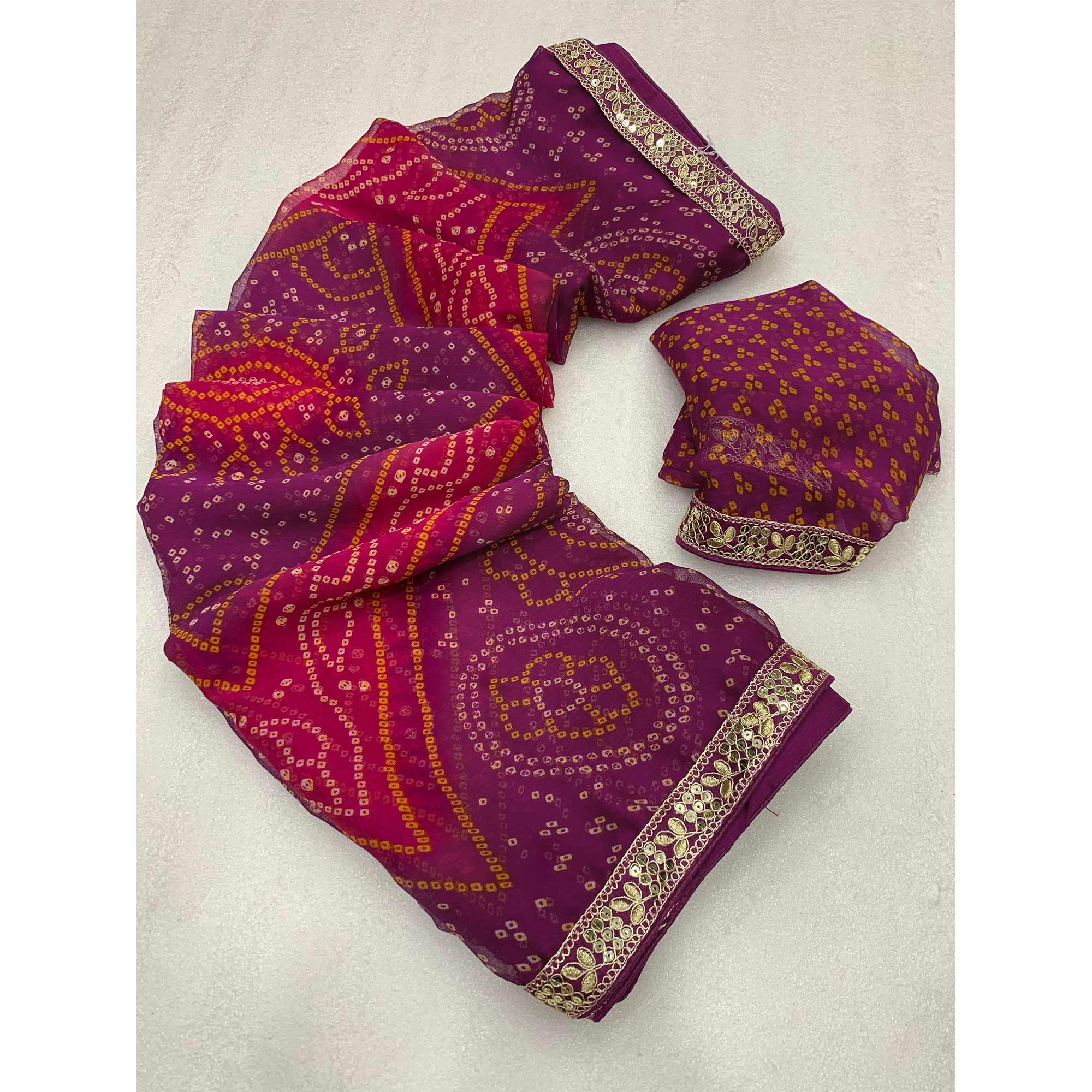 Purple & Pink Bandhani Printed Chiffon Saree