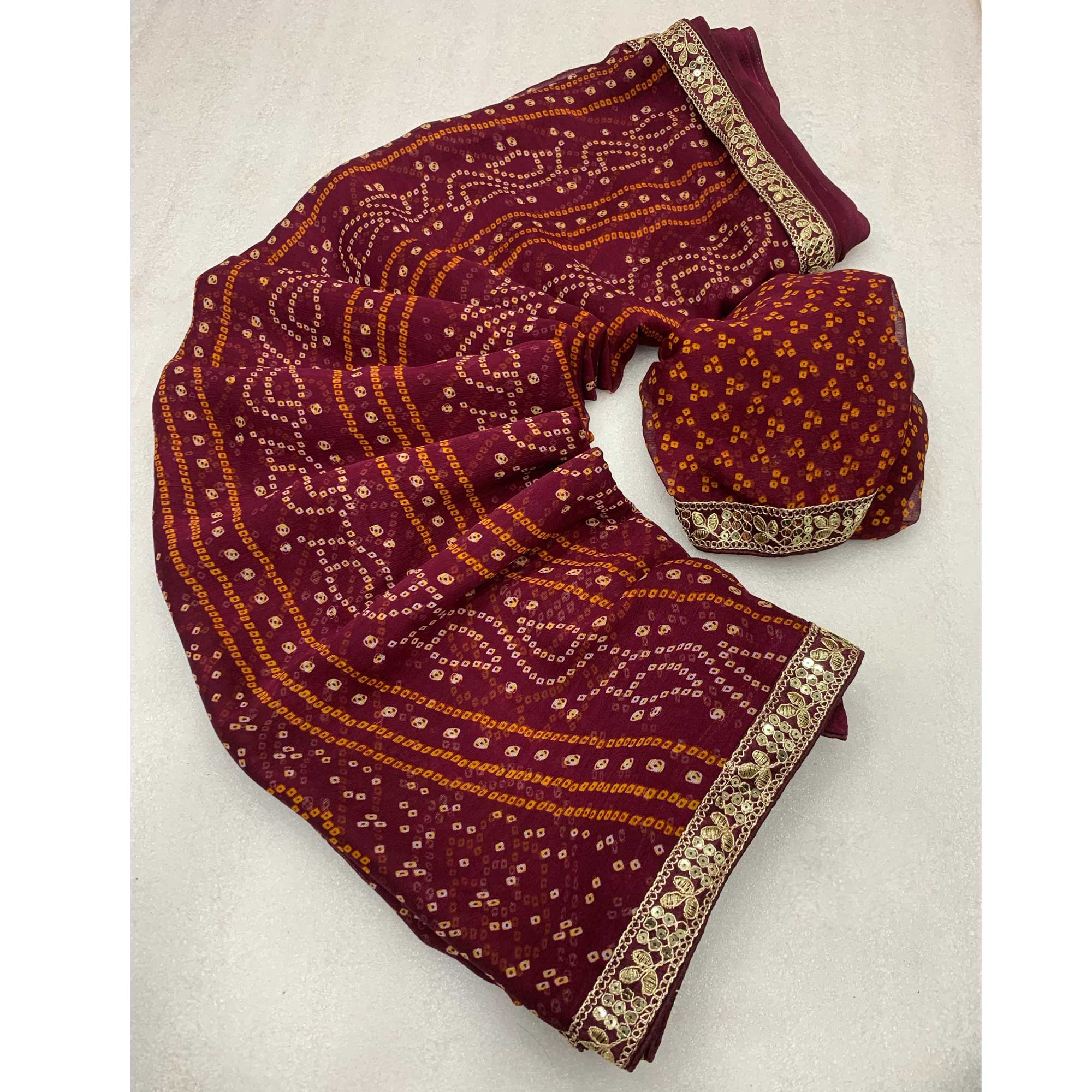 Wine Bandhani Printed Chiffon Saree