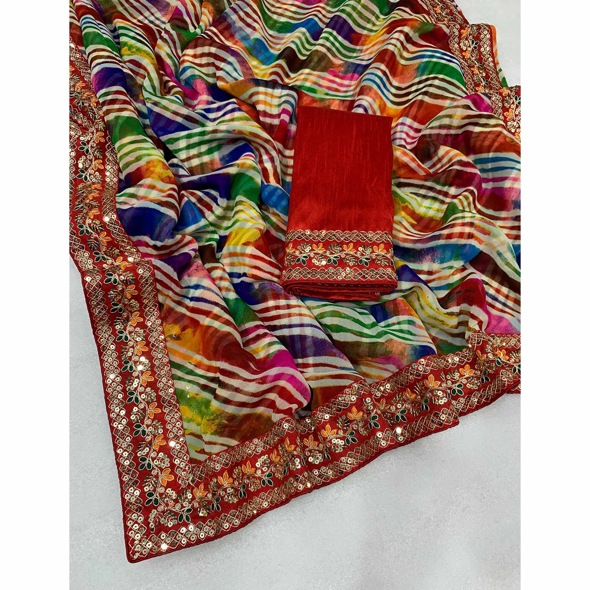 Multicolor Leheriya Printed Georgette Saree