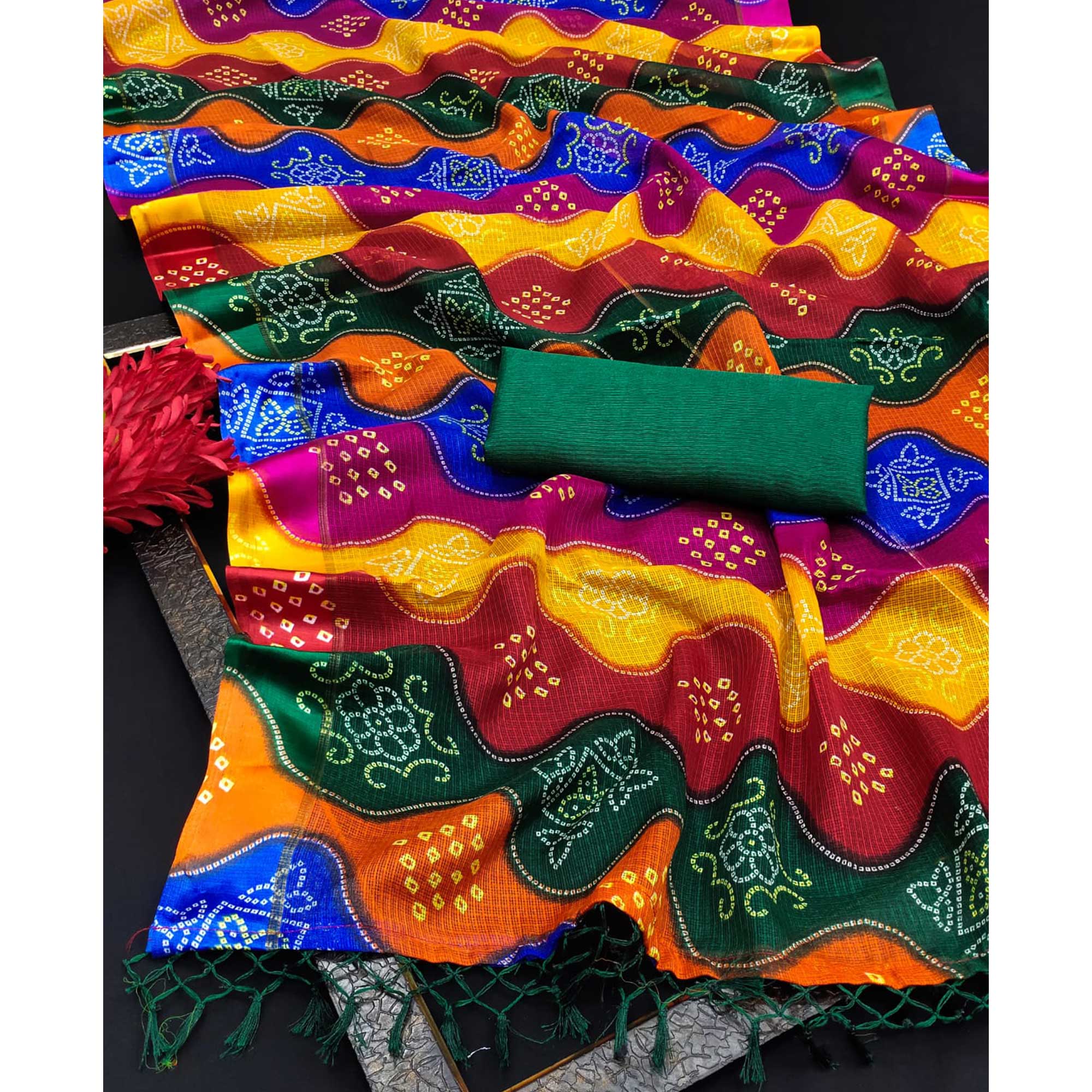 Multicolor Bandhani Printed Georgette Saree With Tassels