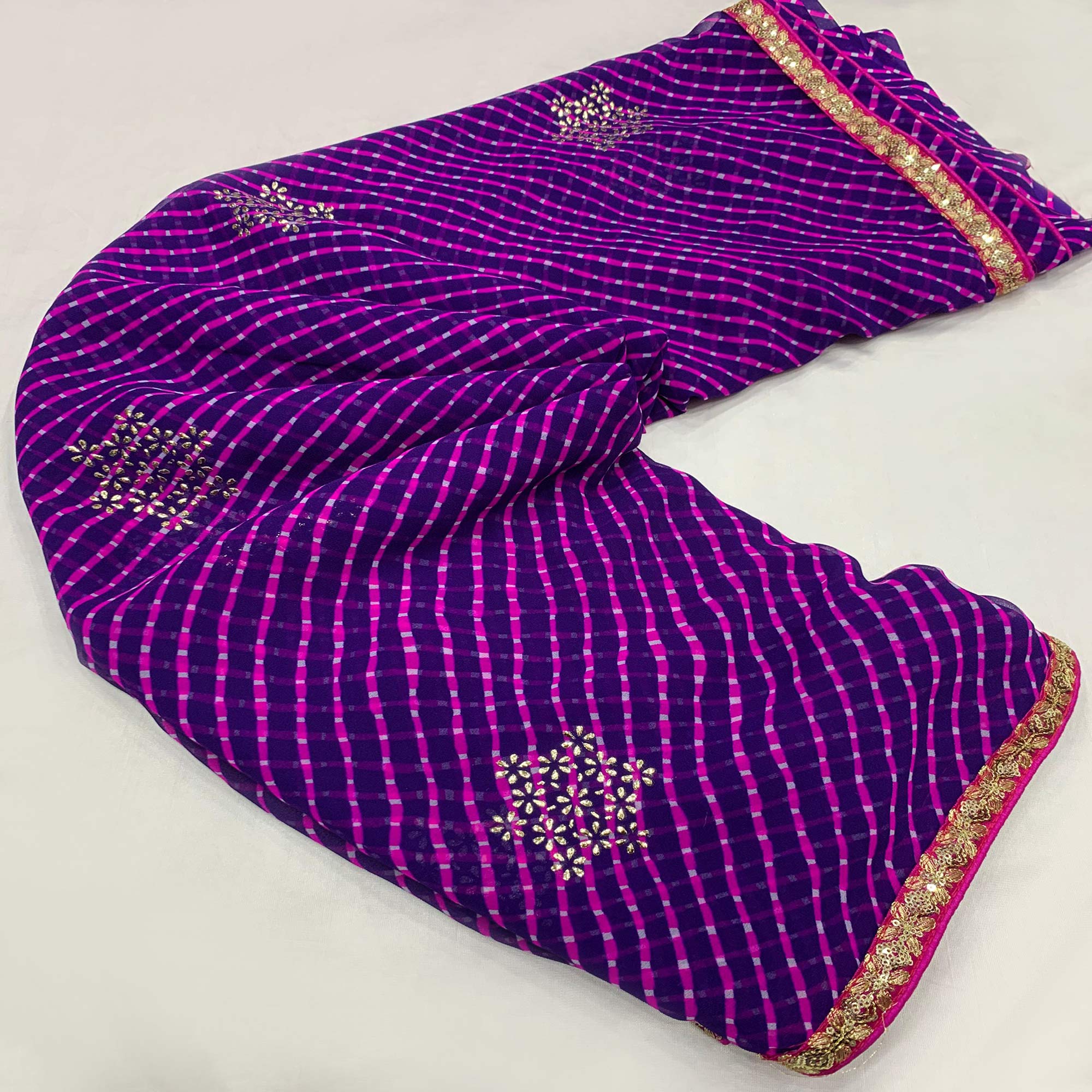 Purple Printed Georgette Saree With lace Border