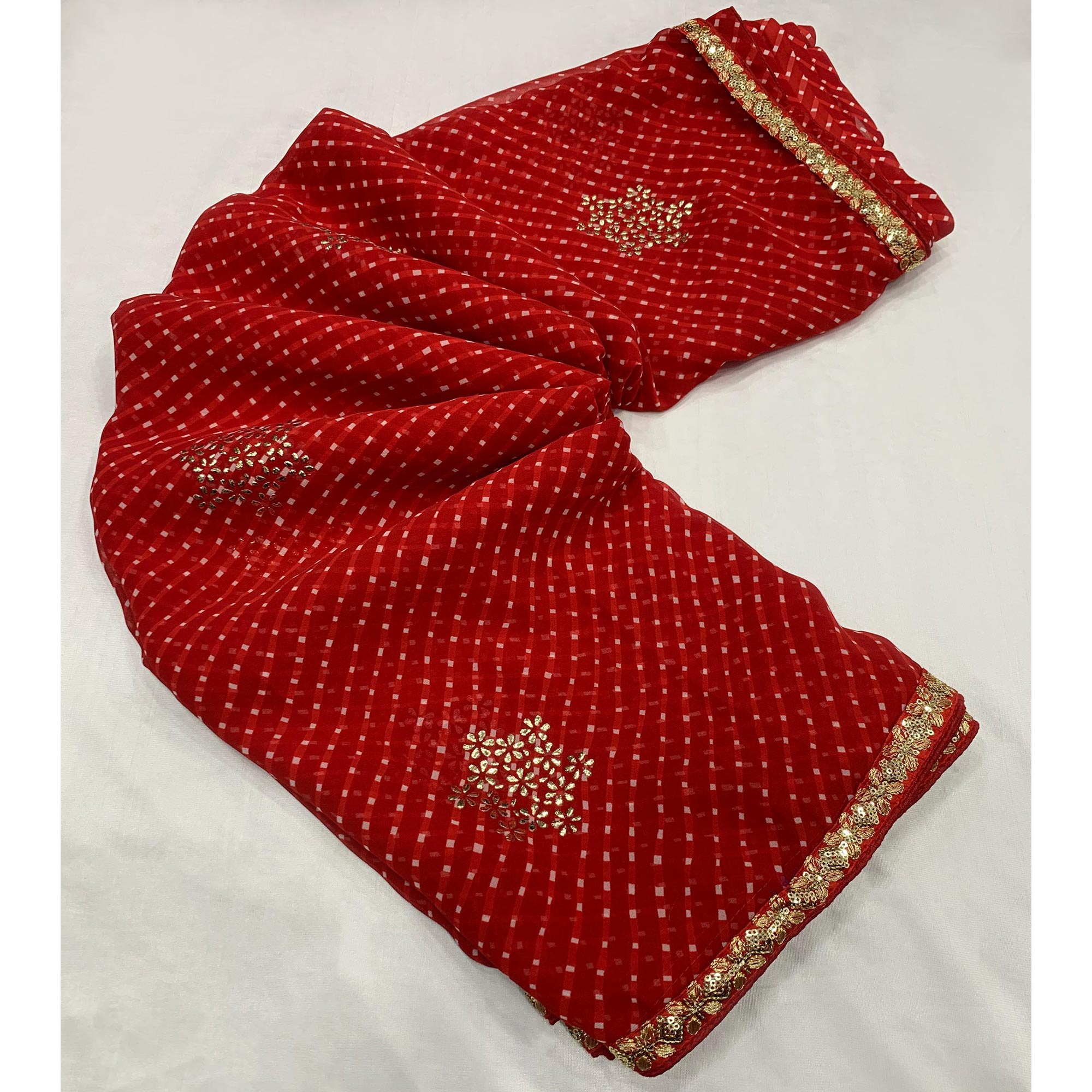 Red Printed Georgette Saree With lace Border