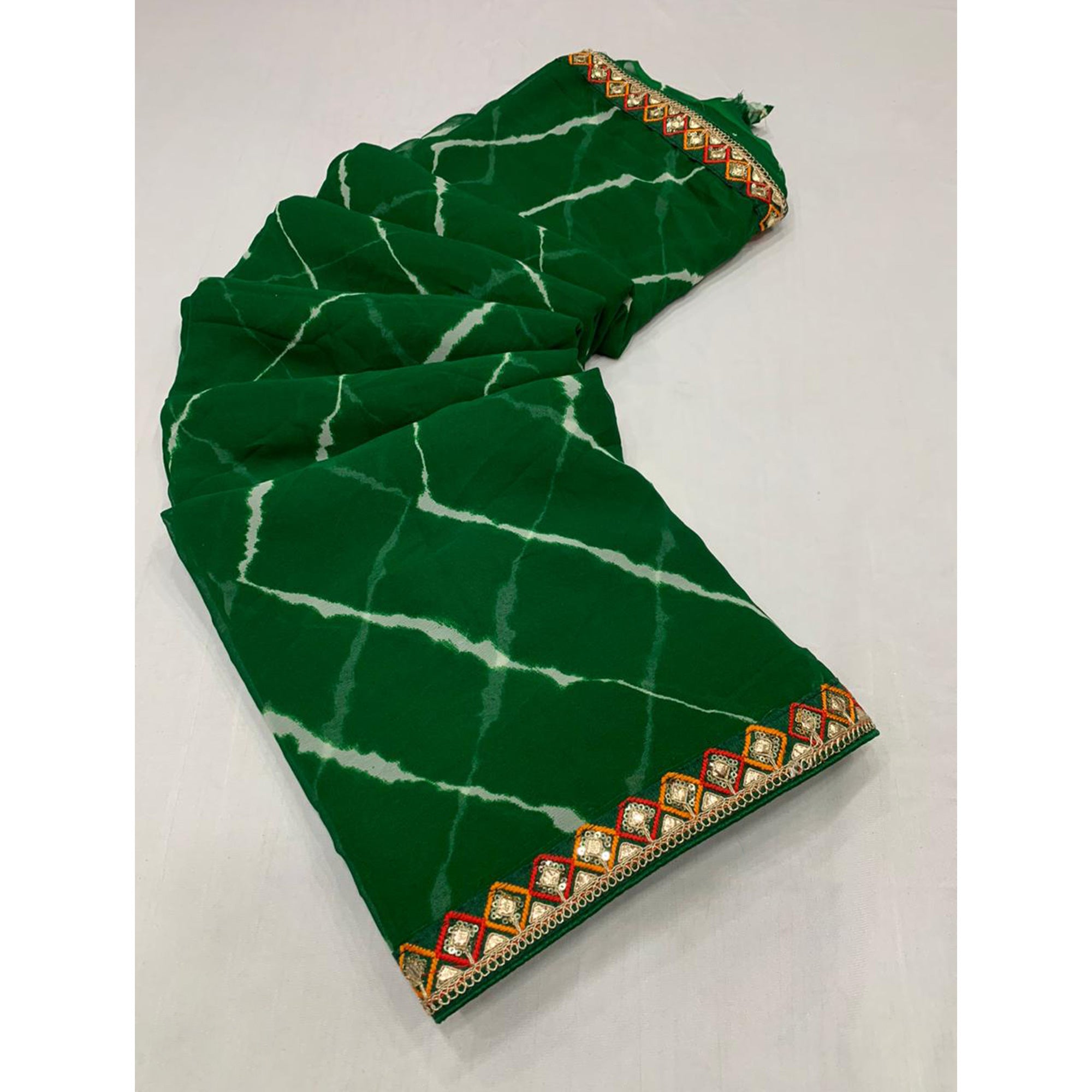 Green Leheriya Printed Georgette Saree With Sequins Border