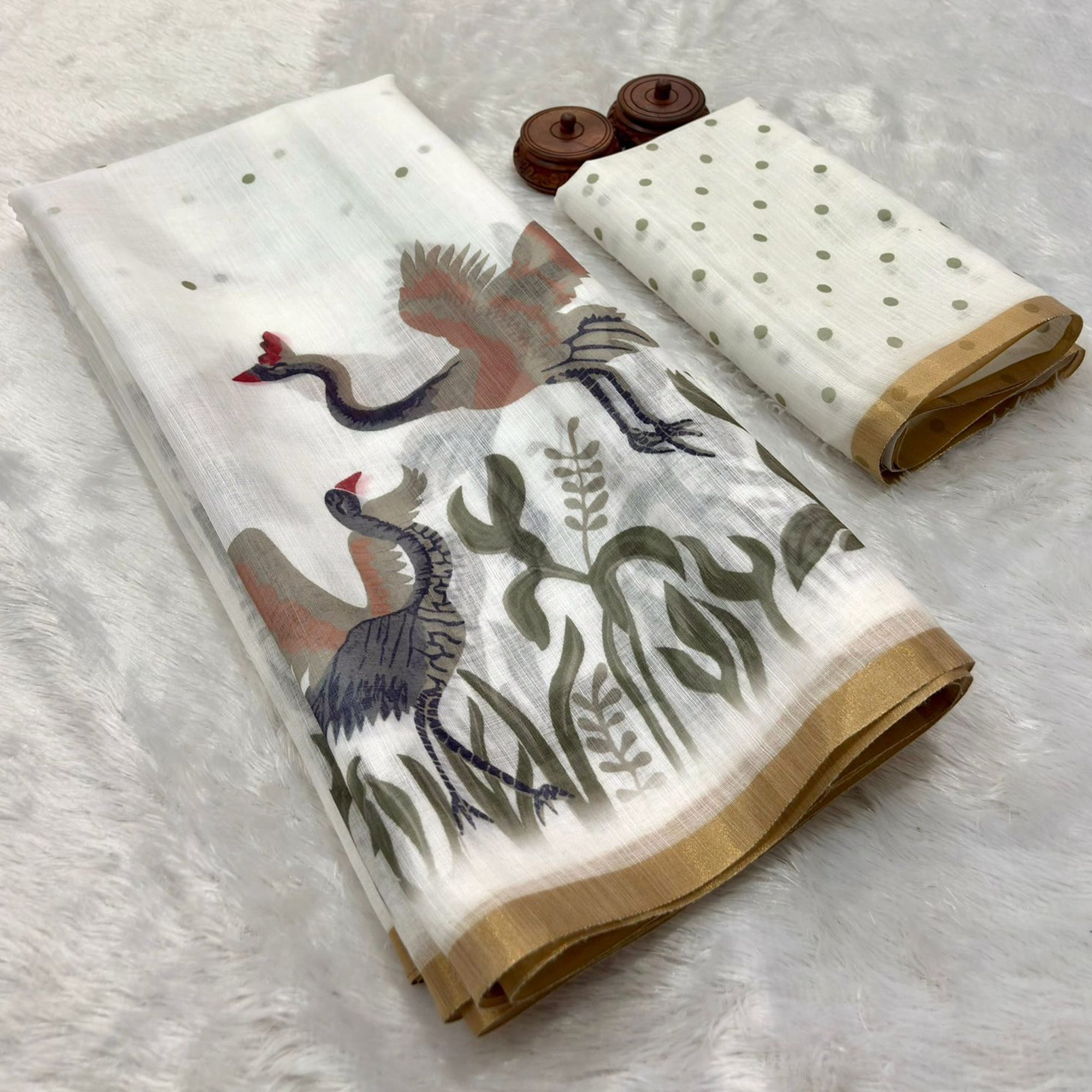 Off White Pure Linen Saree Showcasing Handprinted Patterns and Zari Finish