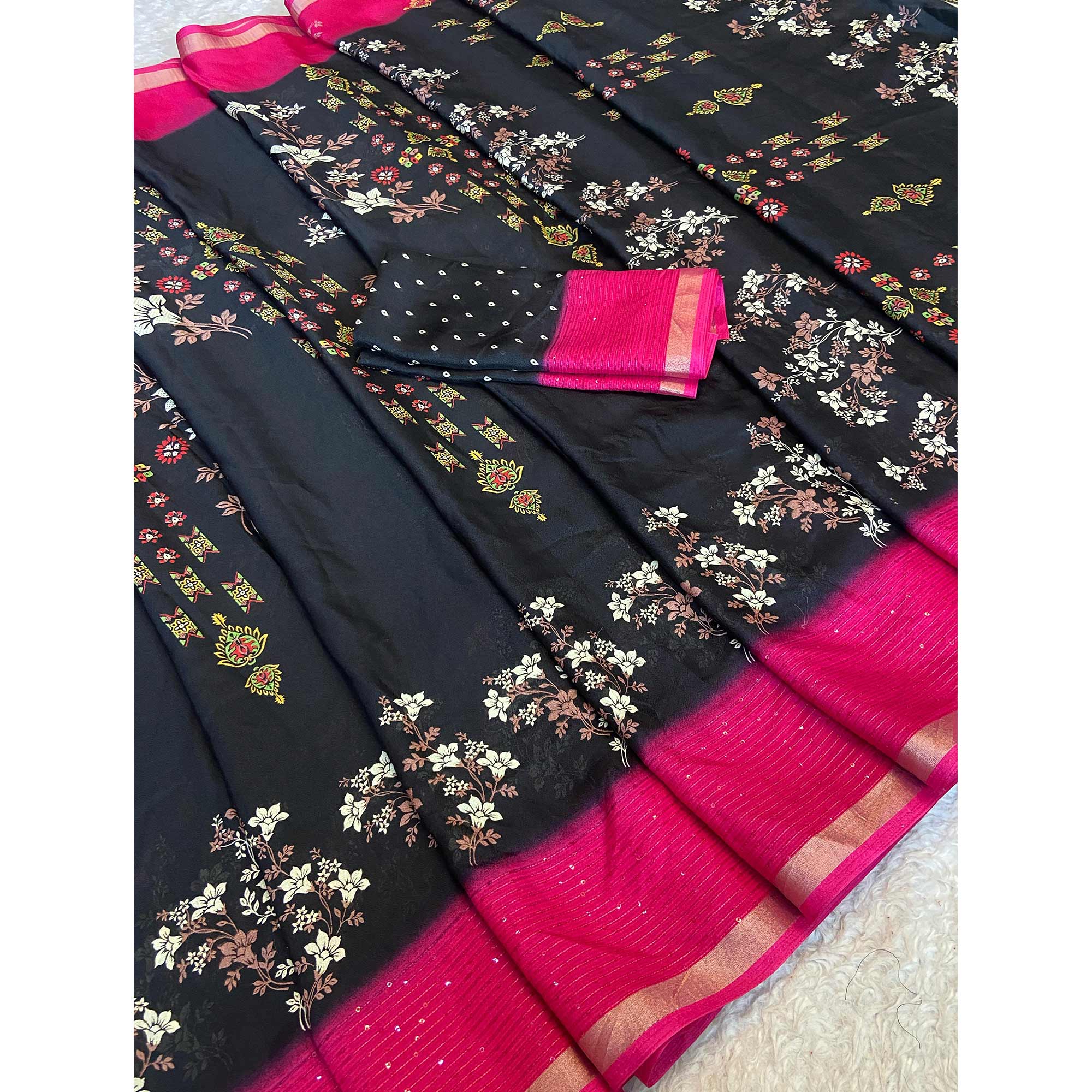 Black Floral Printed Moss Georgette Saree With Elegant Zari & Sequins Border Work