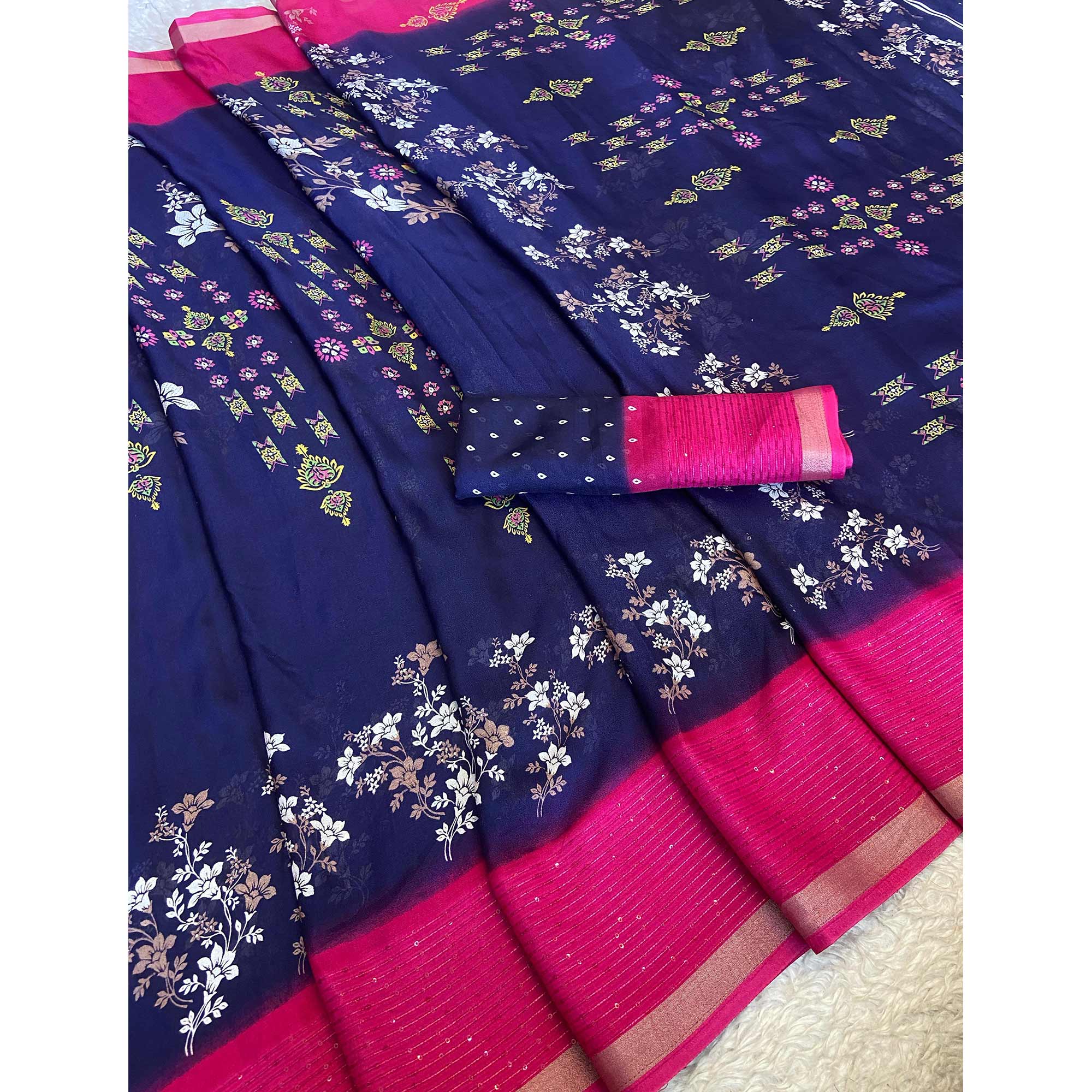 Blue Floral Printed Moss Georgette Saree With Elegant Zari & Sequins Border Work
