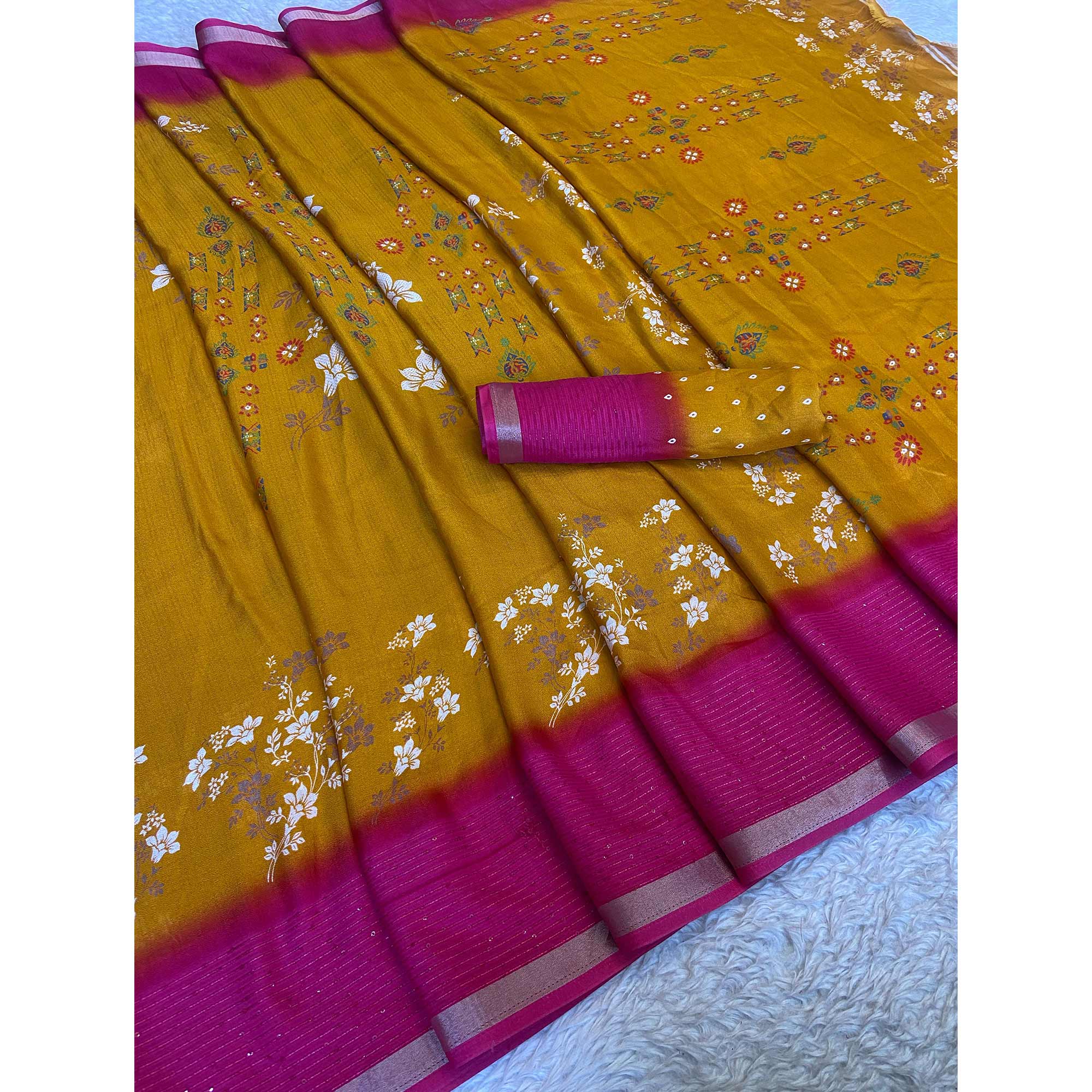 Mustard Floral Printed Moss Georgette Saree With Elegant Zari & Sequins Border Work