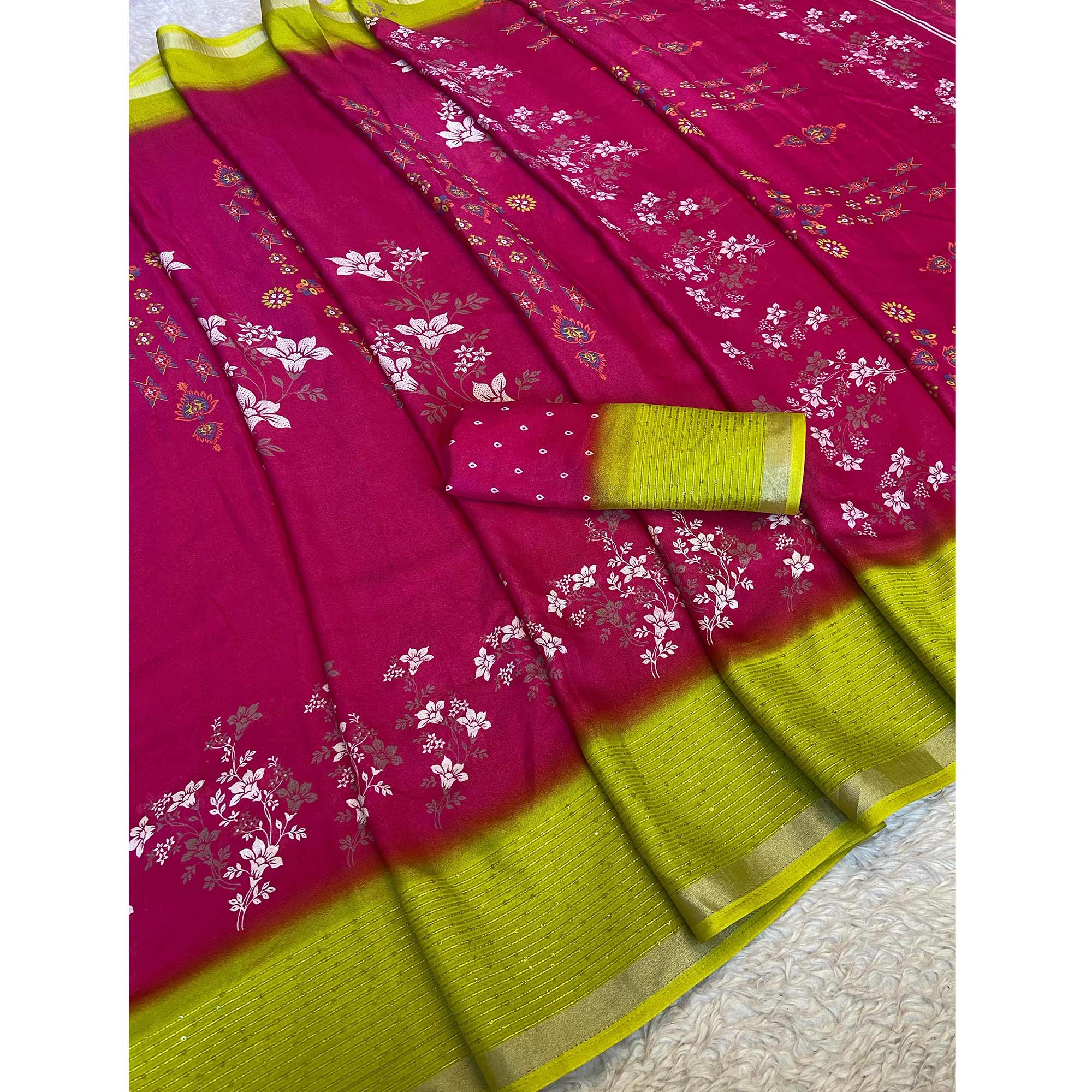 Rani Pink Floral Printed Moss Georgette Saree With Elegant Zari & Sequins Border Work