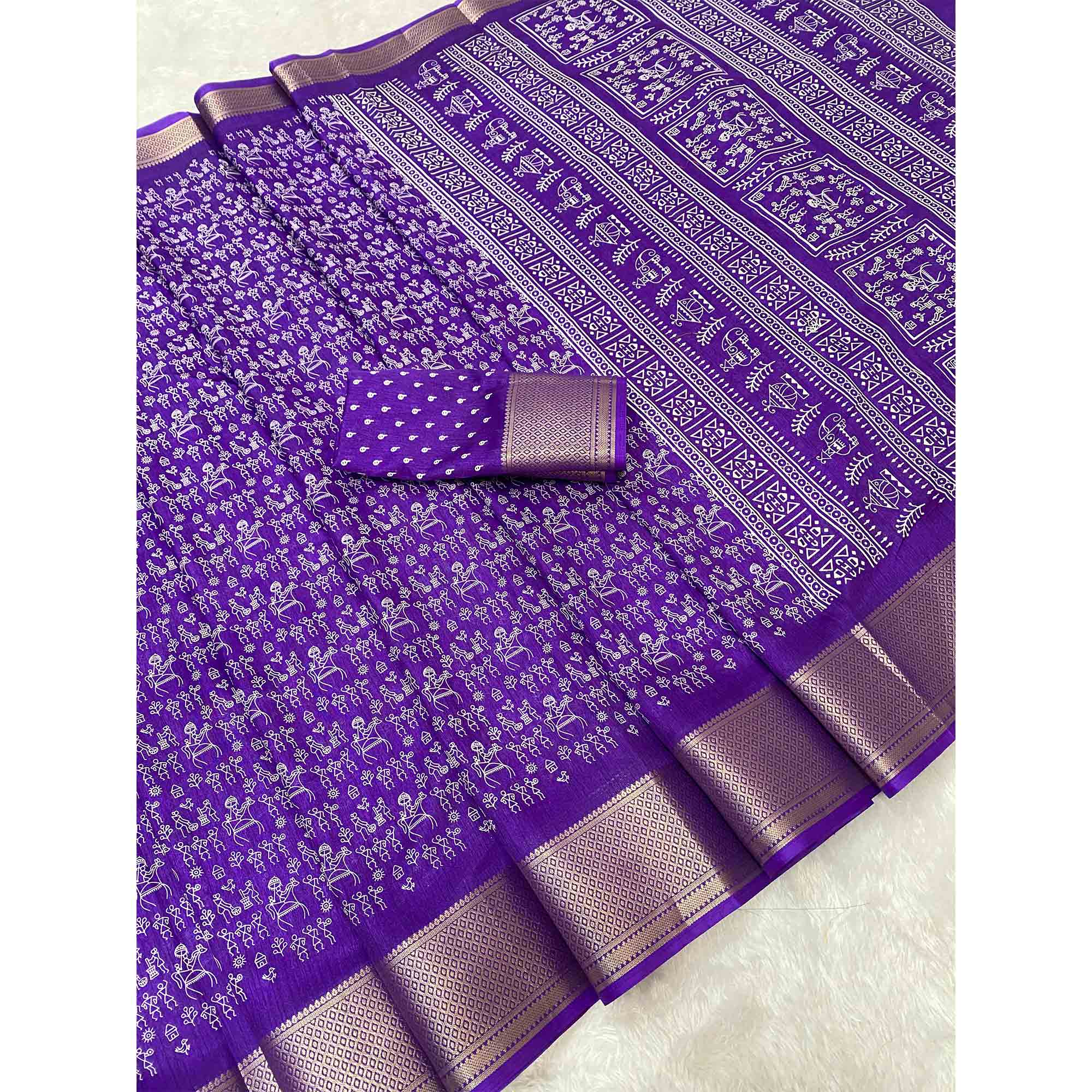 Lavender Dola Silk Saree with Warli Prints and Golden Zari Border