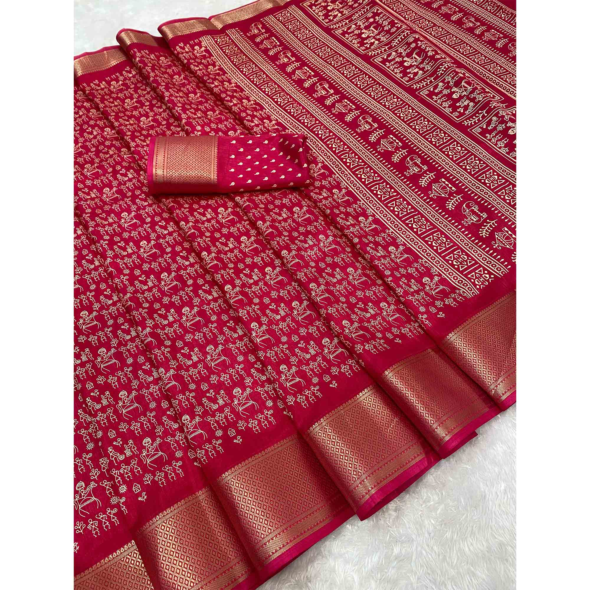 Pink Dola Silk Saree with Warli Prints and Golden Zari Border