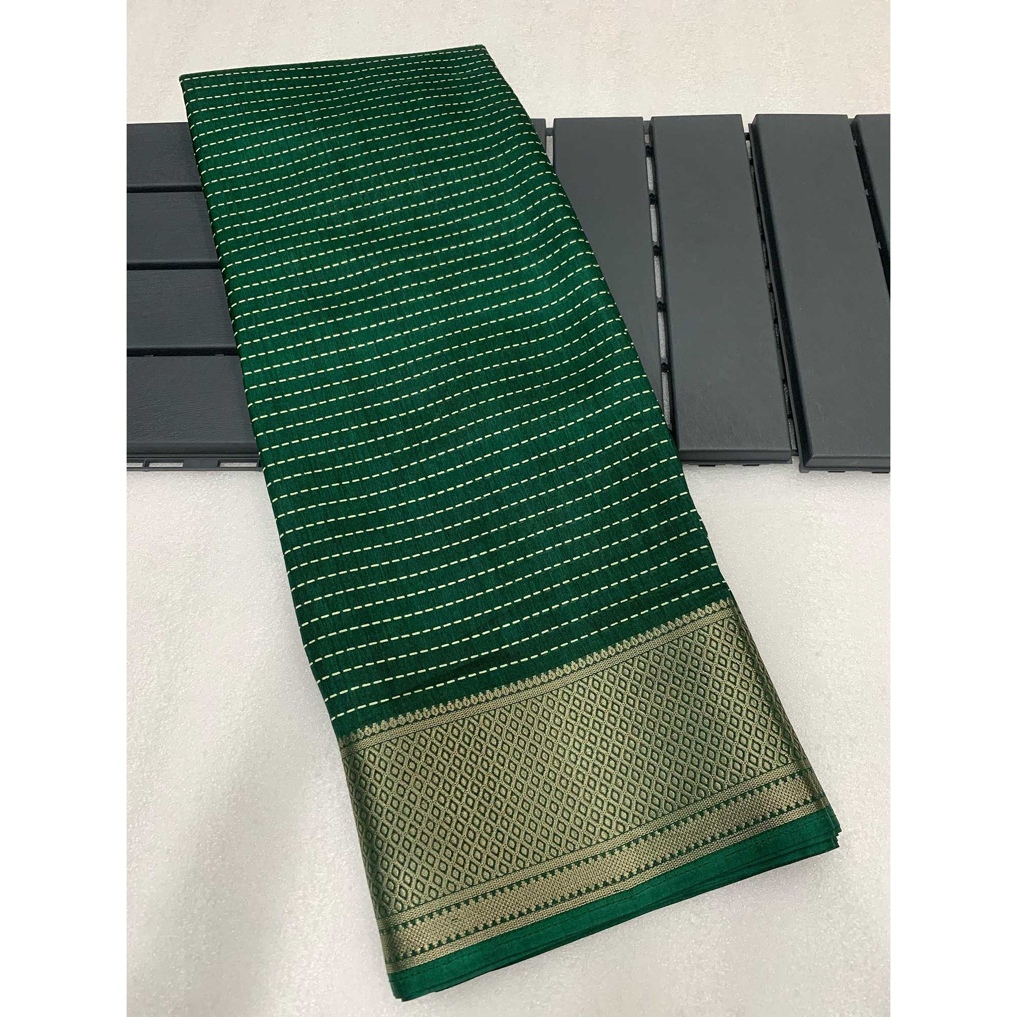 Green Printed Dola Silk Saree With Jacquard Border