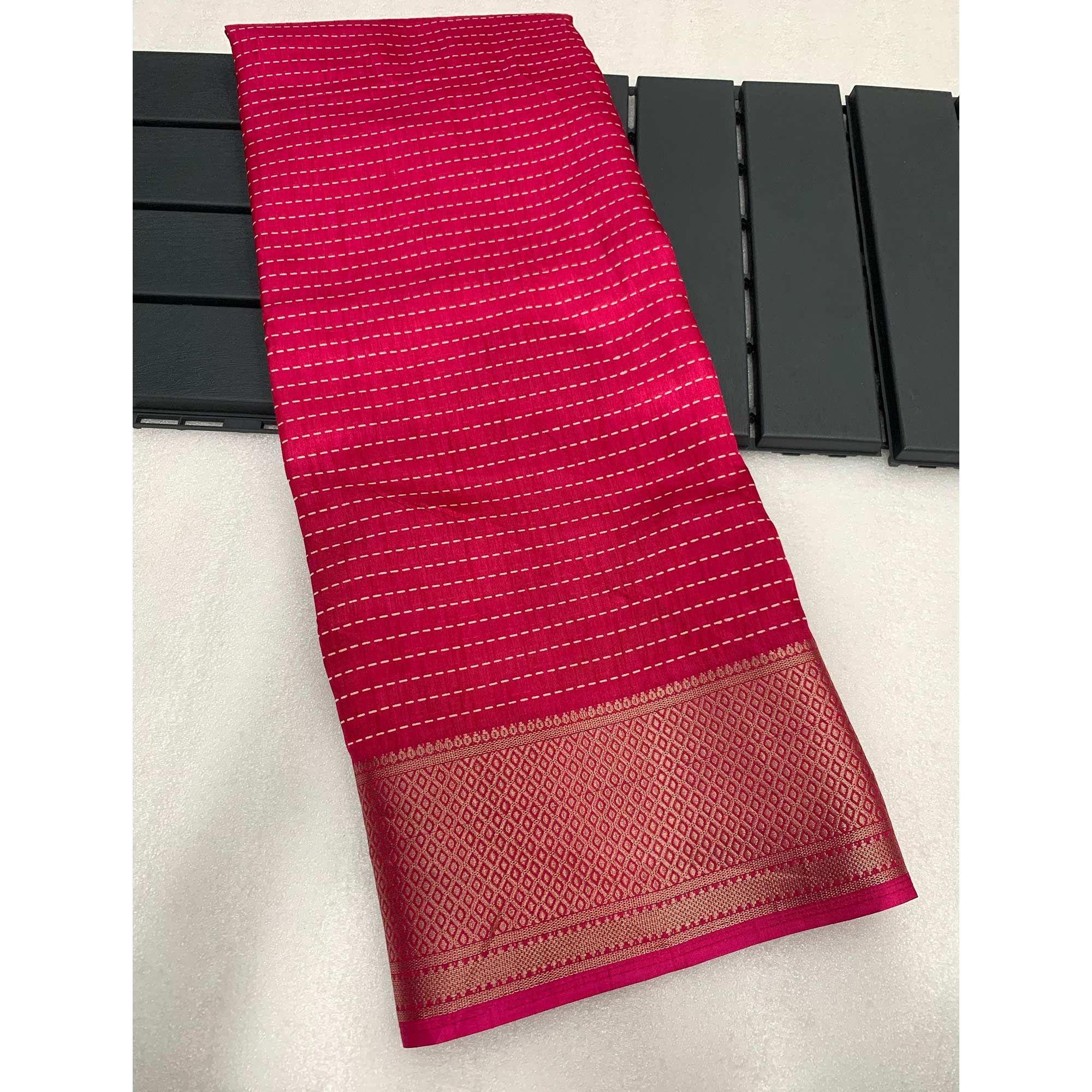 Magenta Printed Dola Silk Saree With Jacquard Border