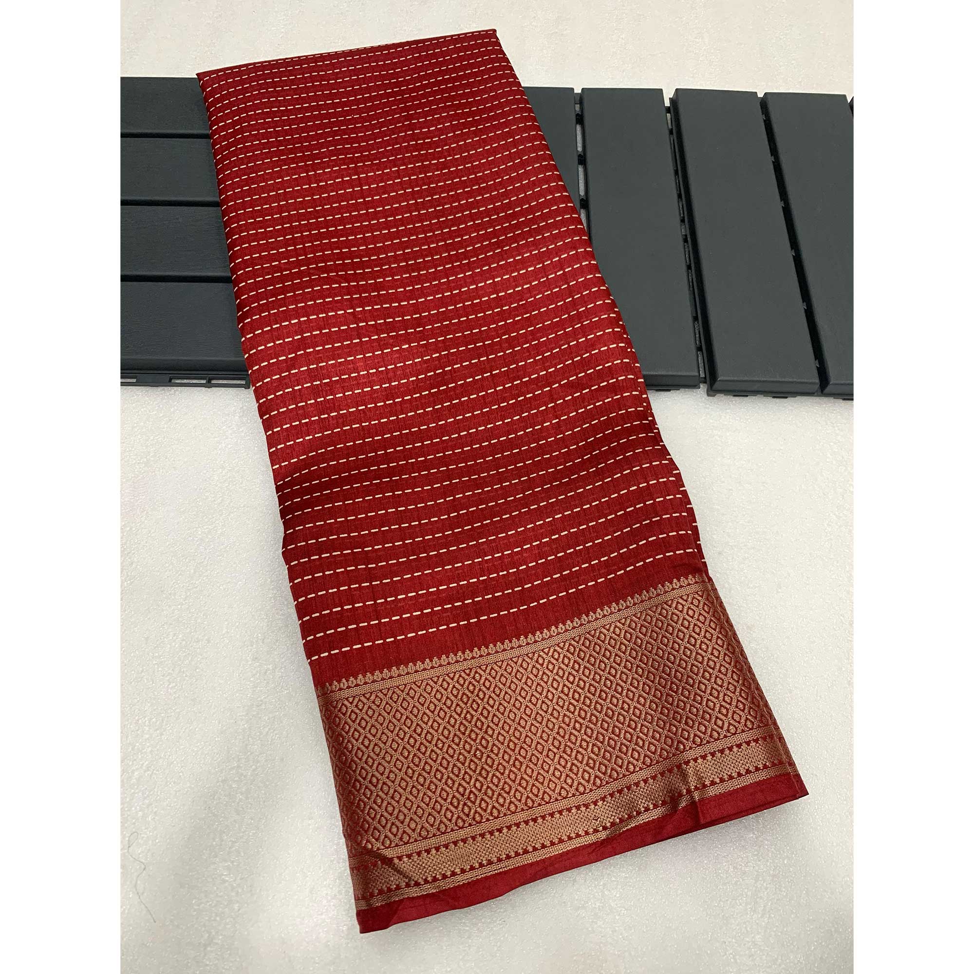 Maroon Printed Dola Silk Saree With Jacquard Border