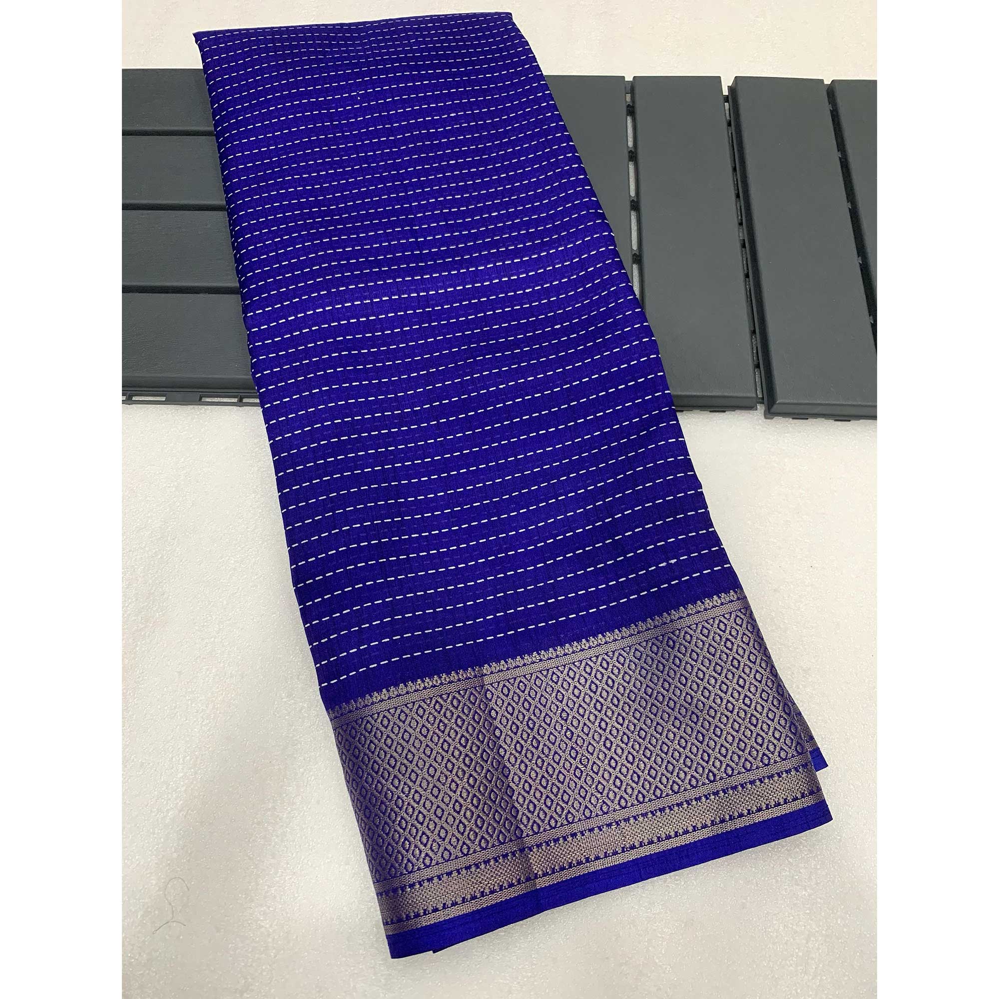 Navy Blue Printed Dola Silk Saree With Jacquard Border