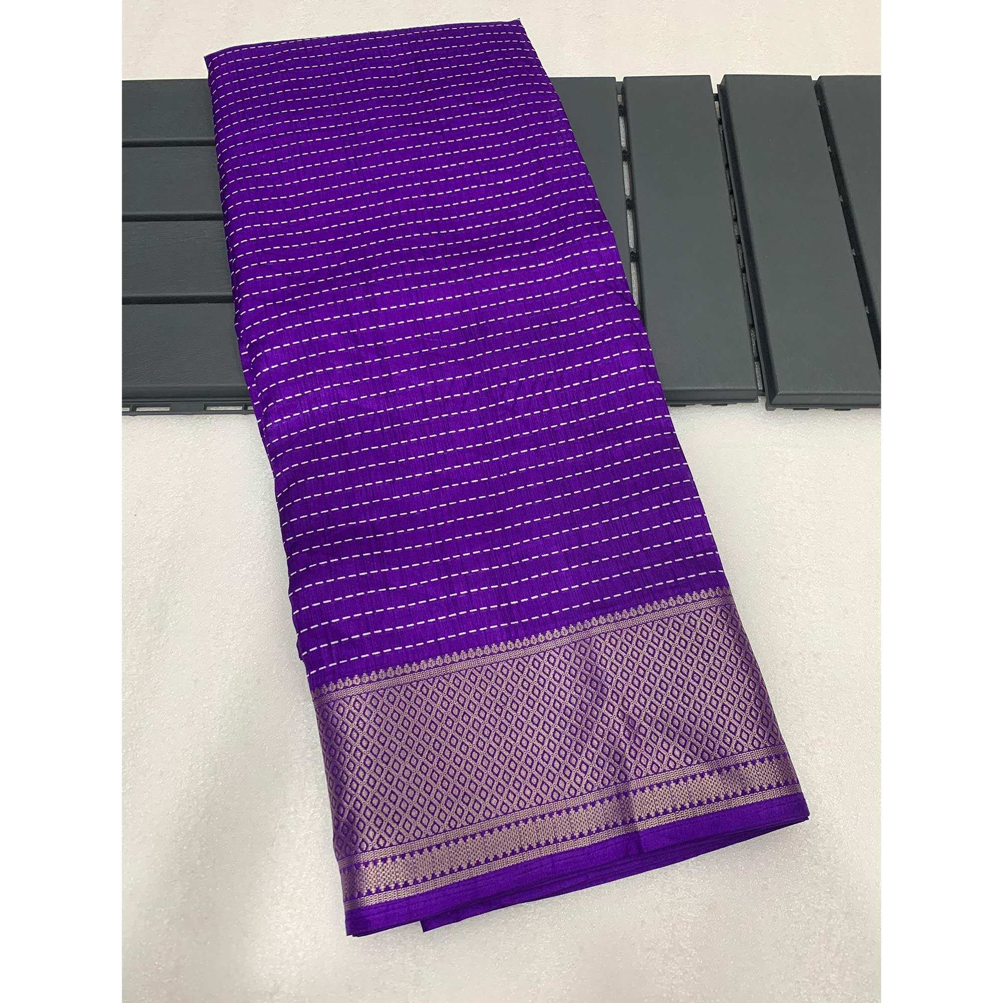 Purple Printed Dola Silk Saree With Jacquard Border