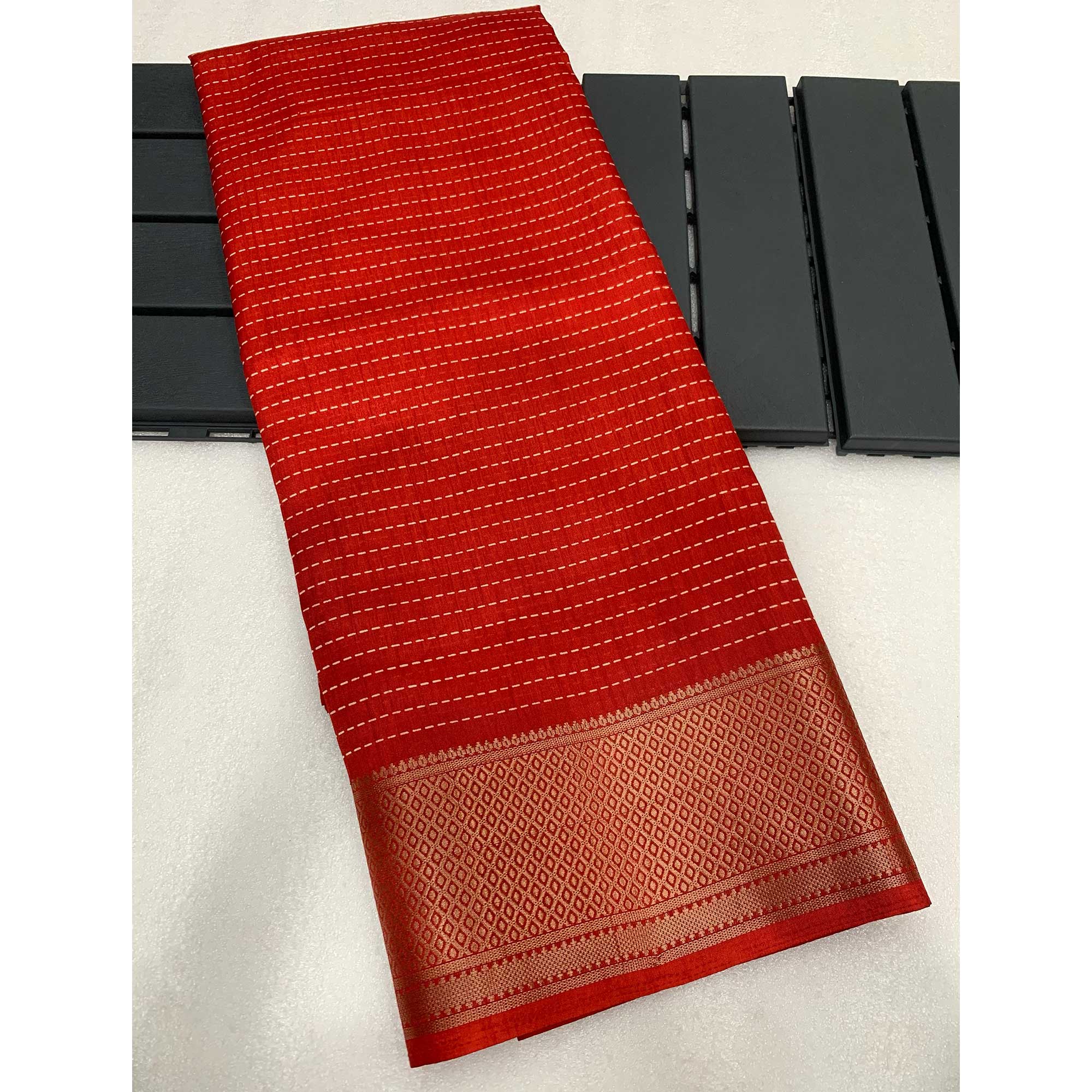 Red Printed Dola Silk Saree With Jacquard Border