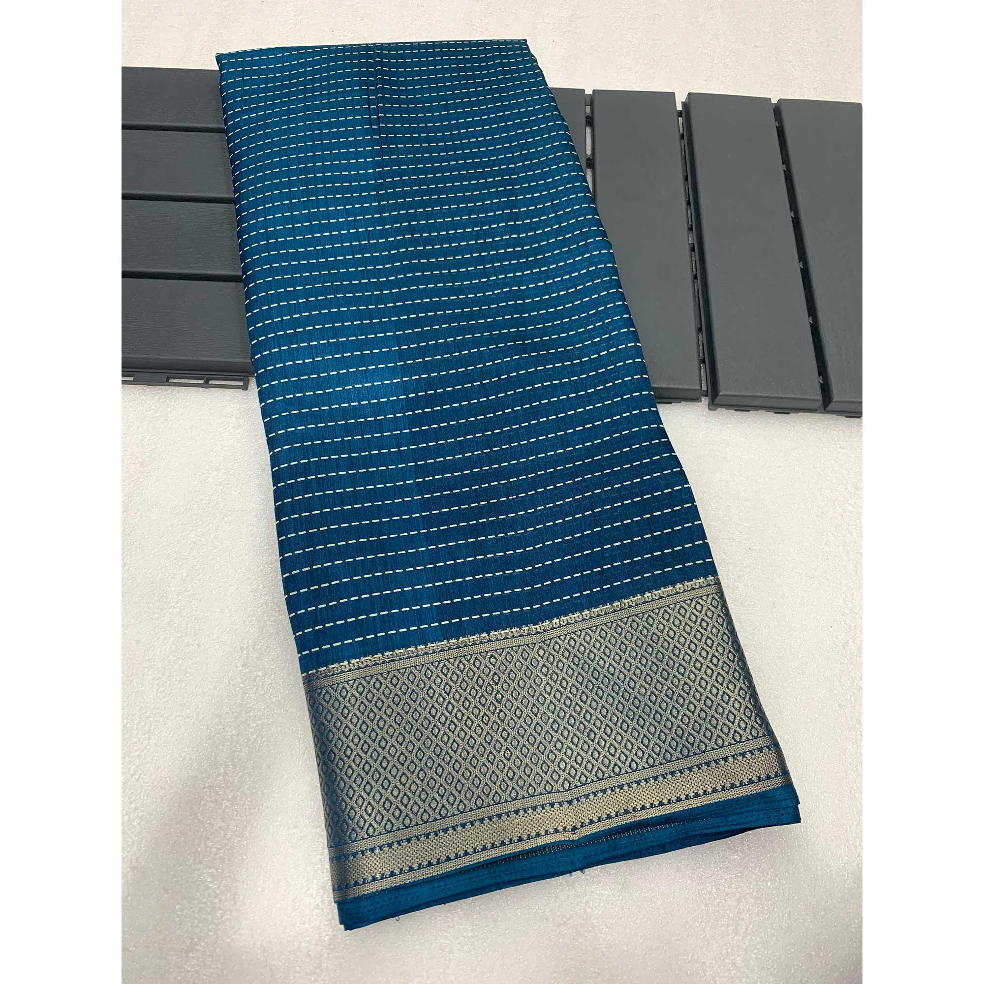 Teal Printed Dola Silk Saree With Jacquard Border