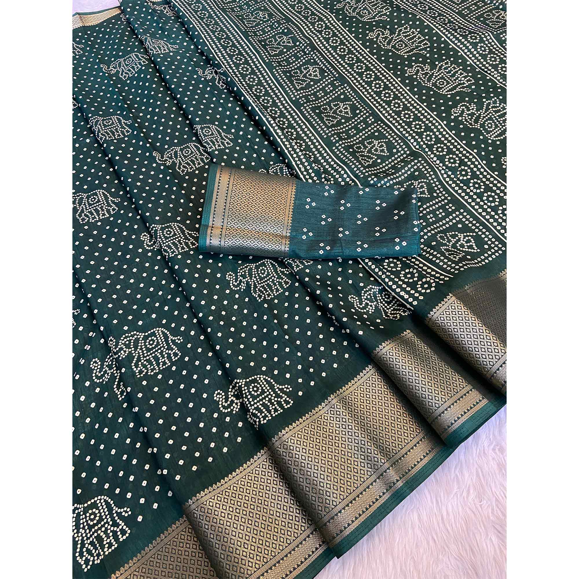 Green Bandhani Printed Dola Silk Saree With Woven Border