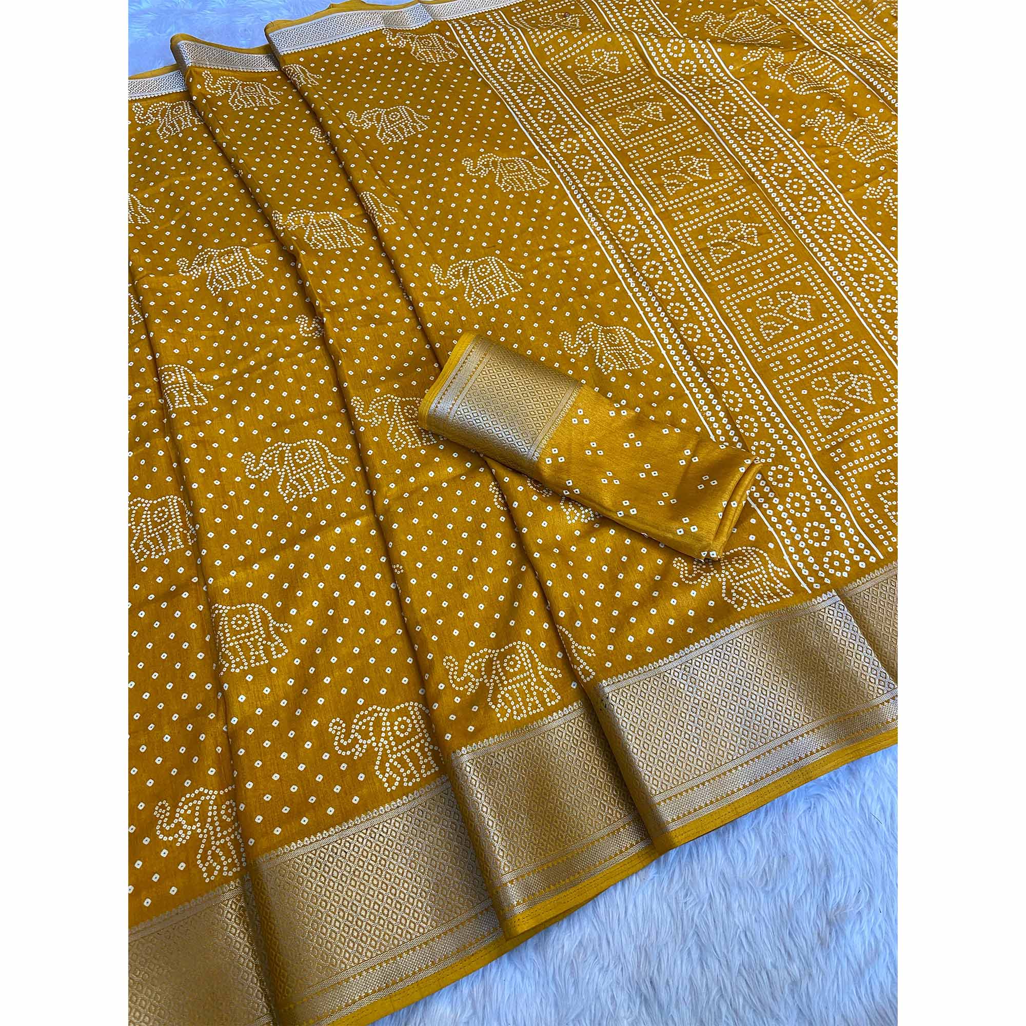Mustard Bandhani Printed Dola Silk Saree With Woven Border