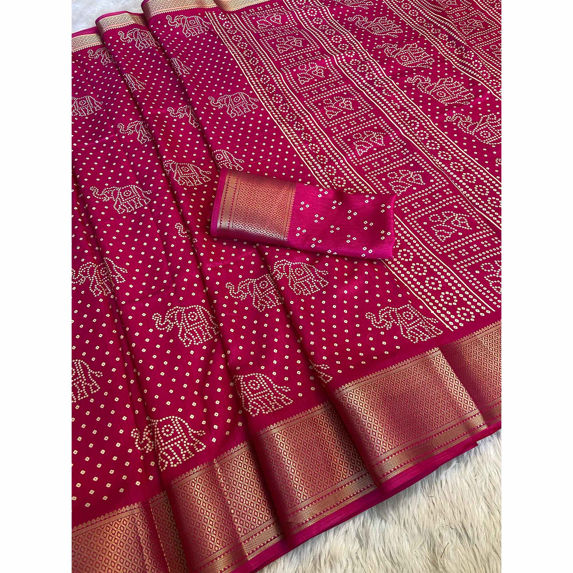 Pink Bandhani Printed Dola Silk Saree With Woven Border