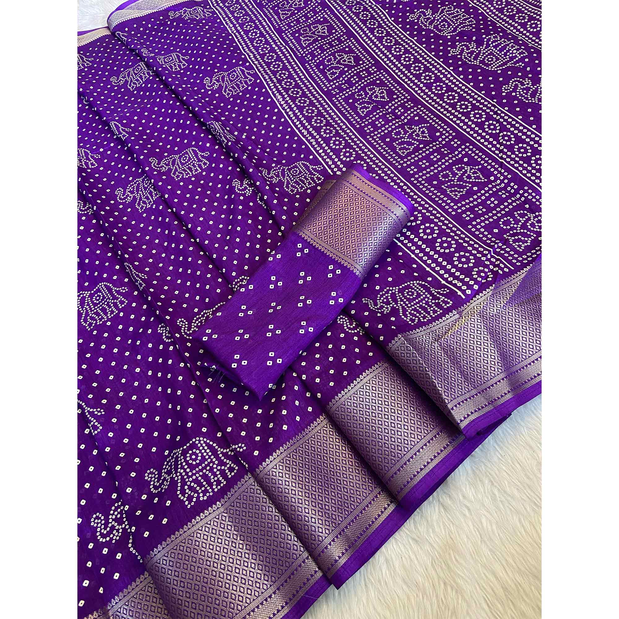 Violet Bandhani Printed Dola Silk Saree With Woven Border