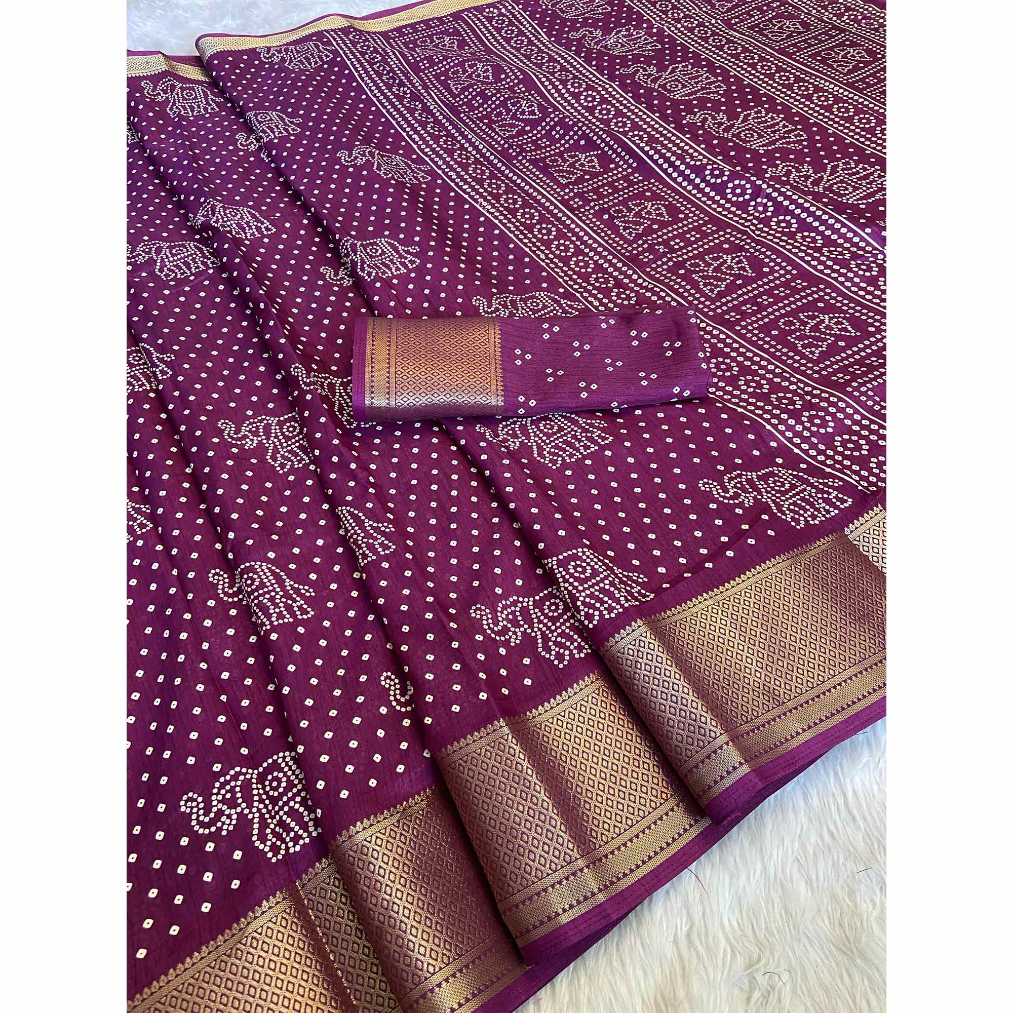 Wine Bandhani Printed Dola Silk Saree With Woven Border