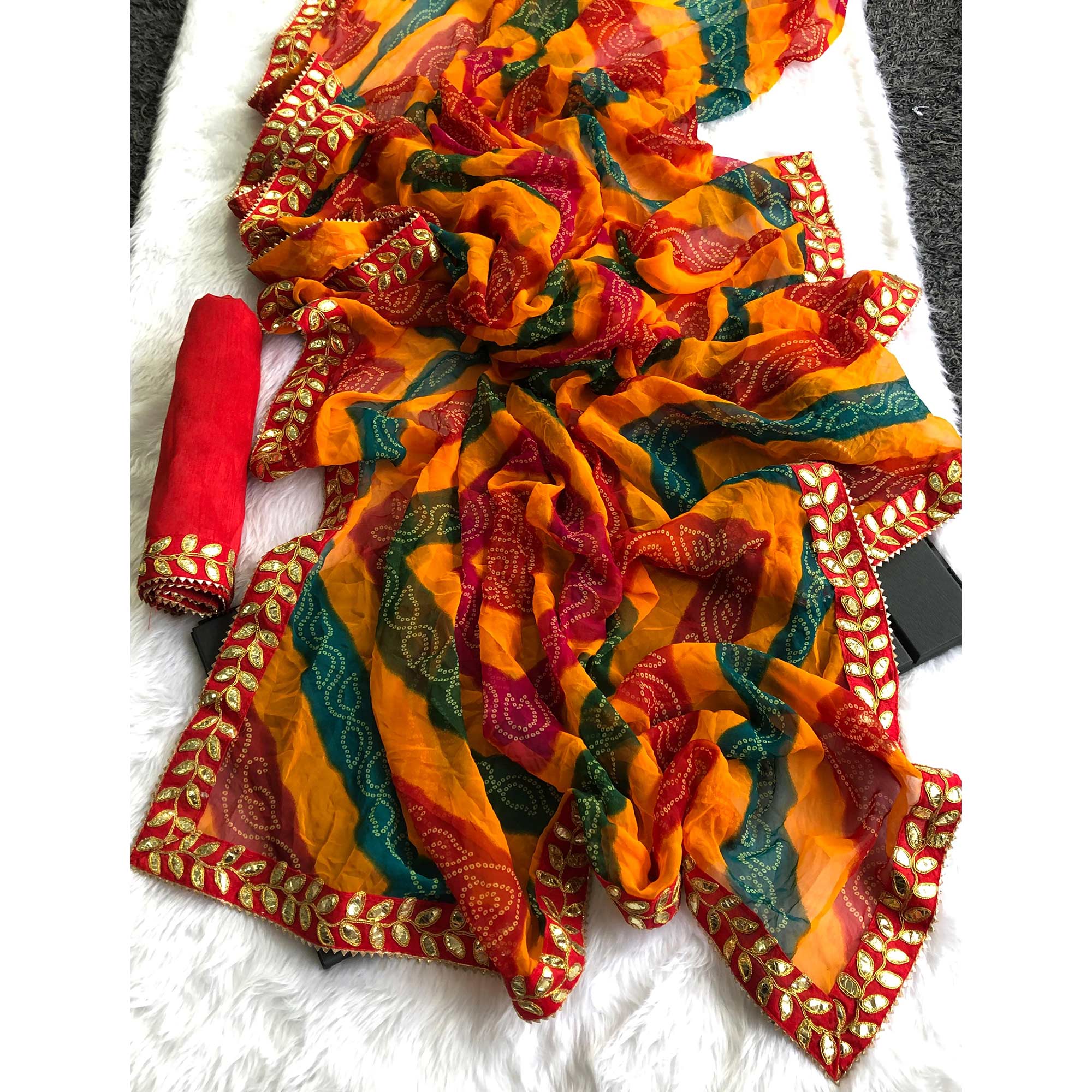 Multicolor Bandhani Printed Georgette Saree With Gota Patti Lace Border