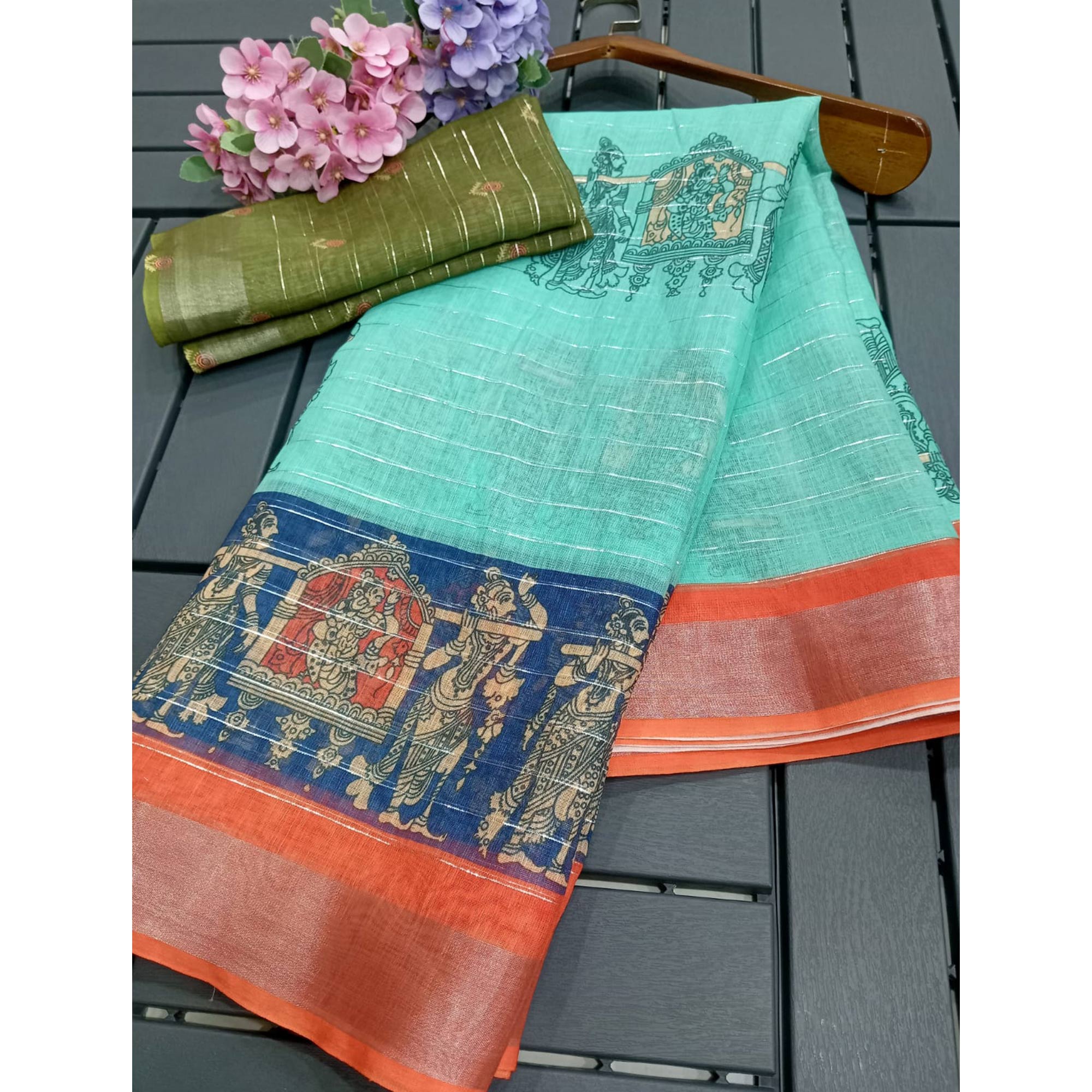 Turquoise Digital Printed With Zari Work Linen Cotton Saree