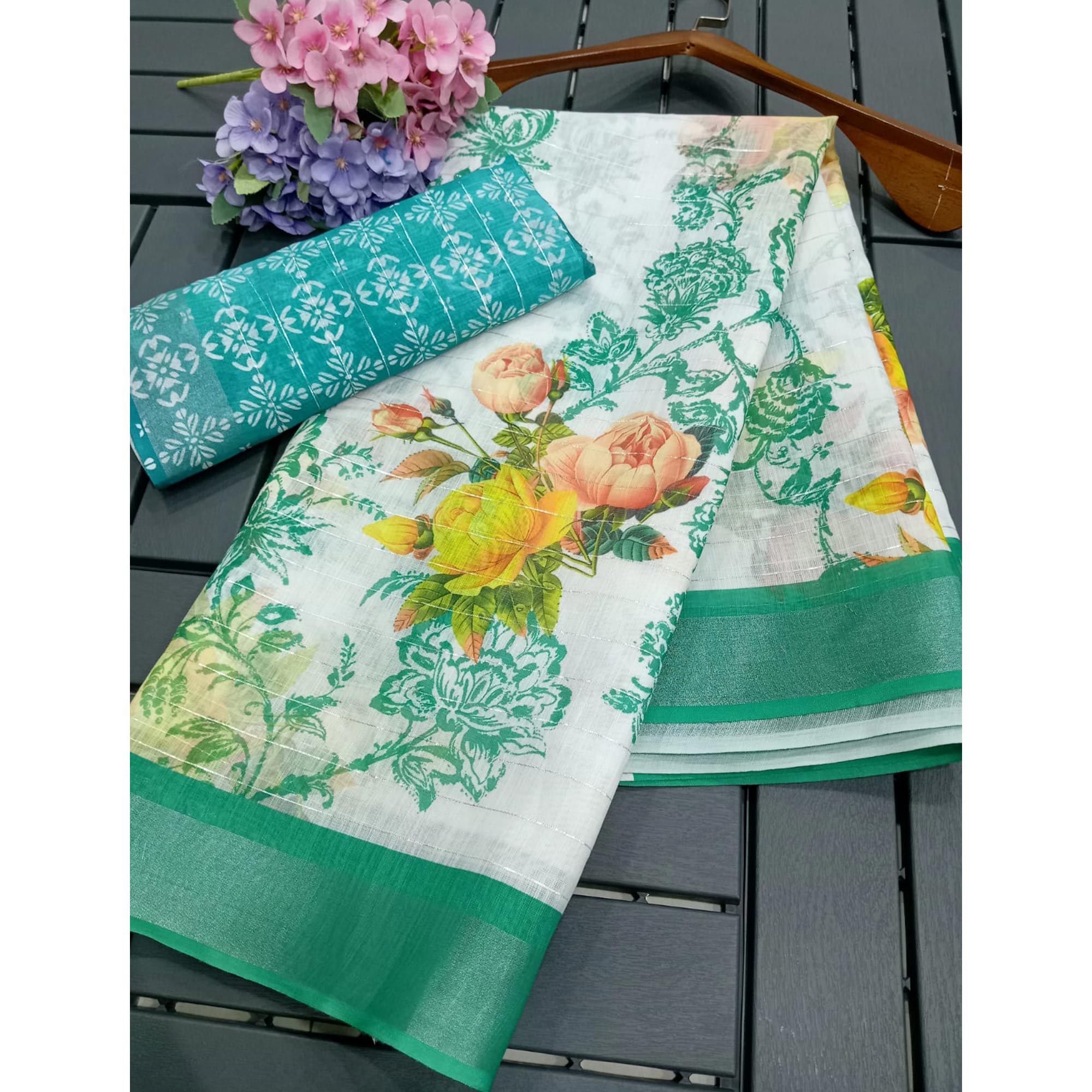 White & Rama Green Digital Printed With Zari Work Linen Cotton Saree