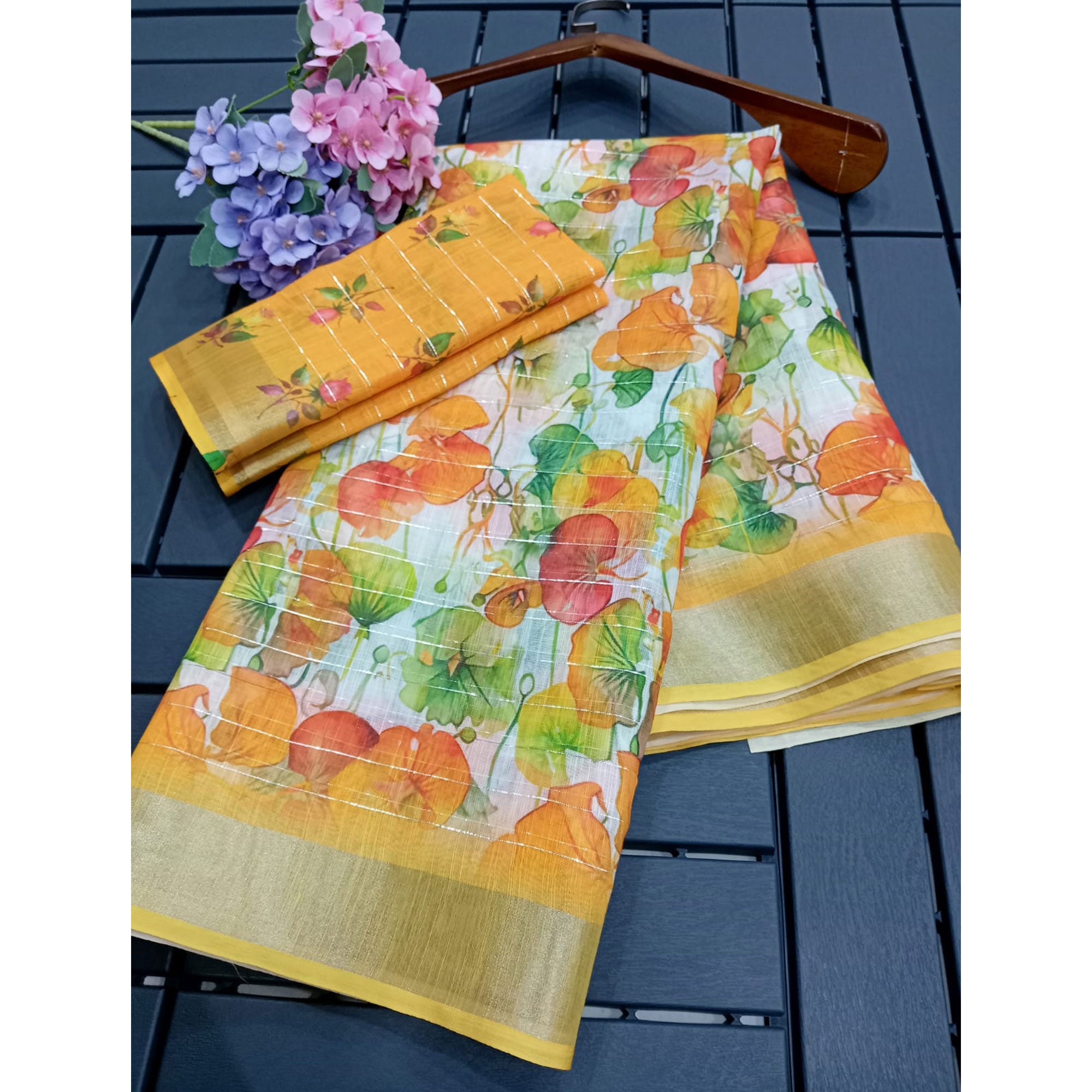 Yellow Digital Printed With Zari Work Linen Cotton Saree