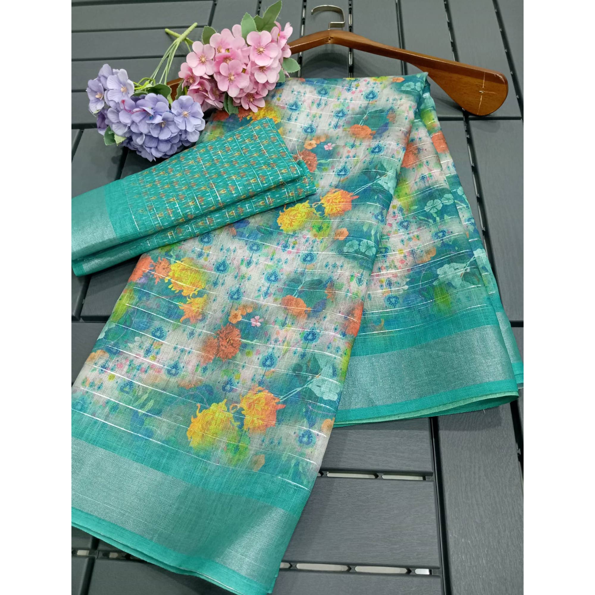 Turquoise Digital Printed With Zari Work Linen Cotton Saree