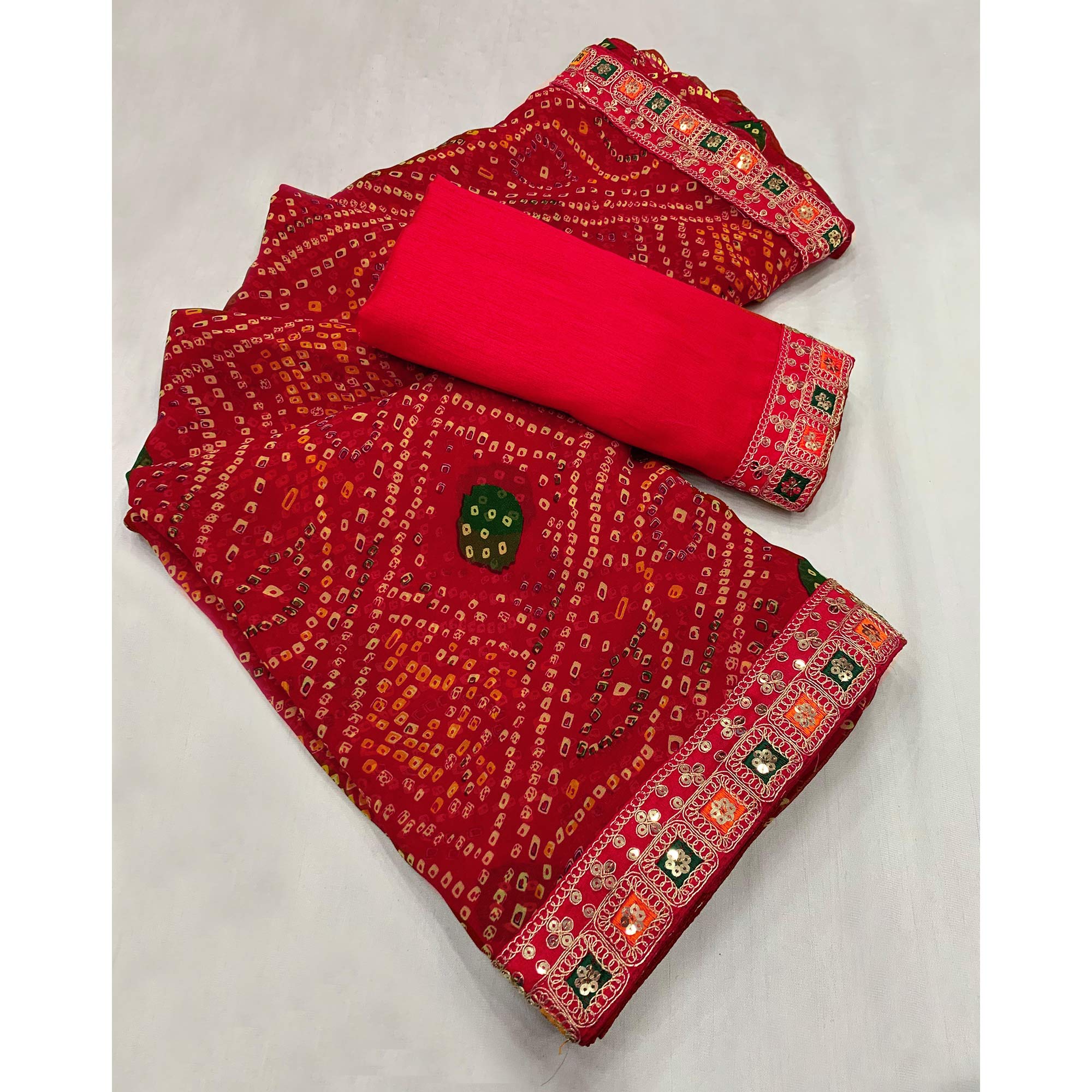 Red Bandhani Printed With Sequins Border Georgette Saree