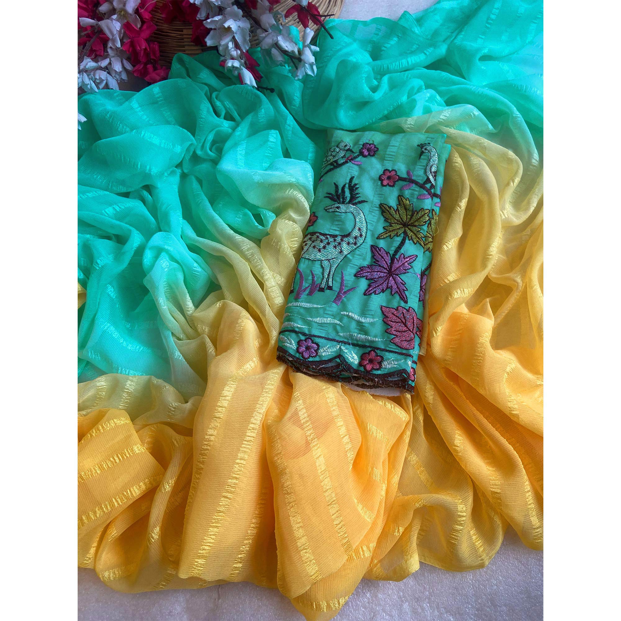 Yellow & Turquoise Ombre Chiffon Saree with Delicate Woven Texture