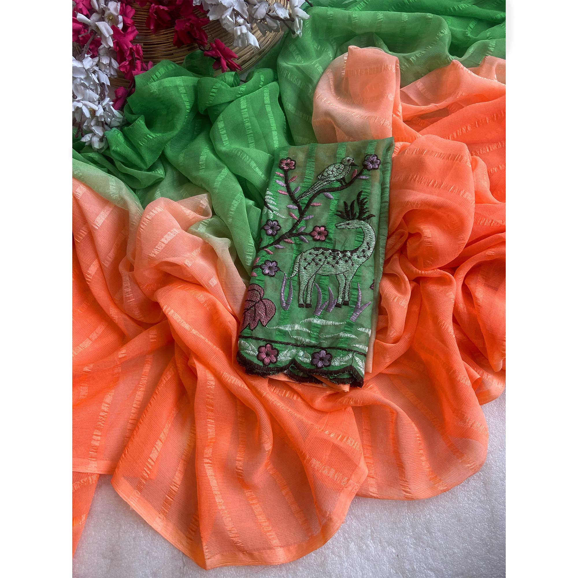 Orange & Green Ombre Chiffon Saree with Delicate Woven Texture
