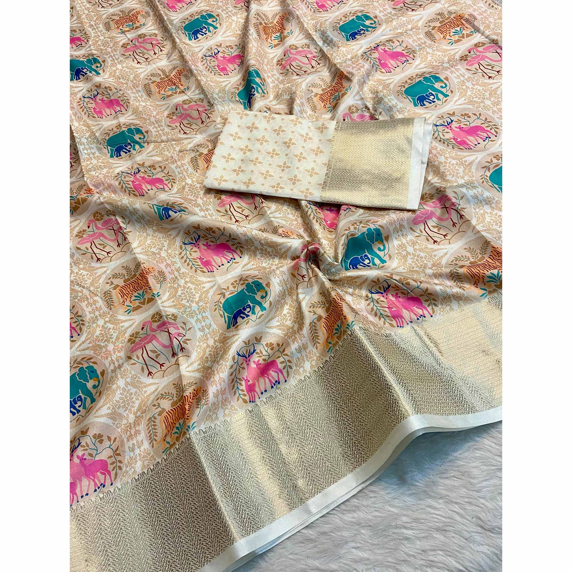 Off White Floral Zari Weaving Dola Silk Saree