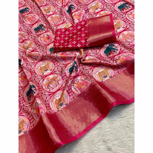 Pink Floral Zari Weaving Dola Silk Saree