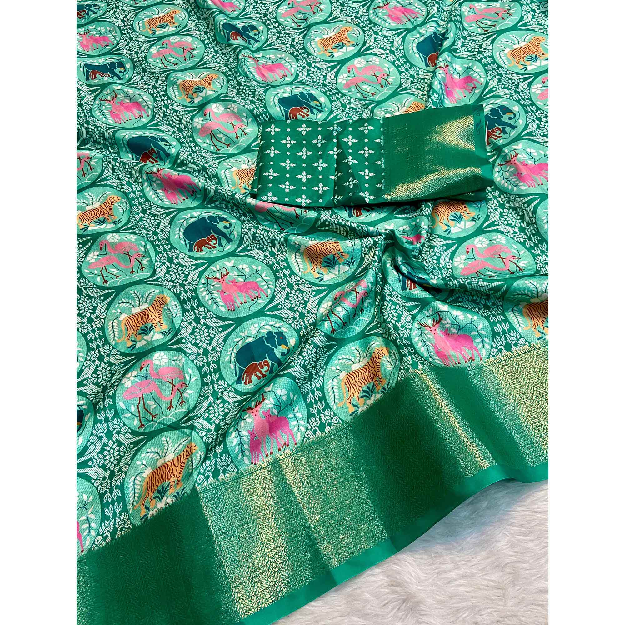 Rama Green Floral Zari Weaving Dola Silk Saree