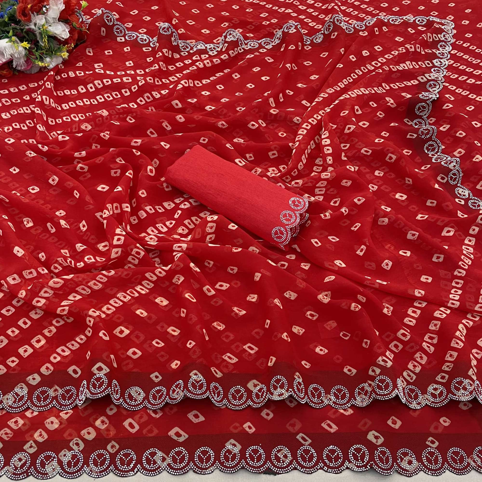 Red Bandhani Printed Georgette Saree With Stone Work Border