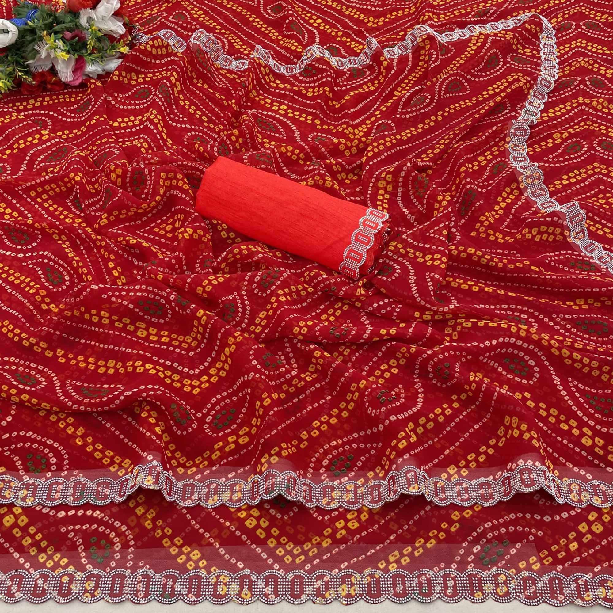 Red Bandhani Printed Georgette Saree With Stone Work Border